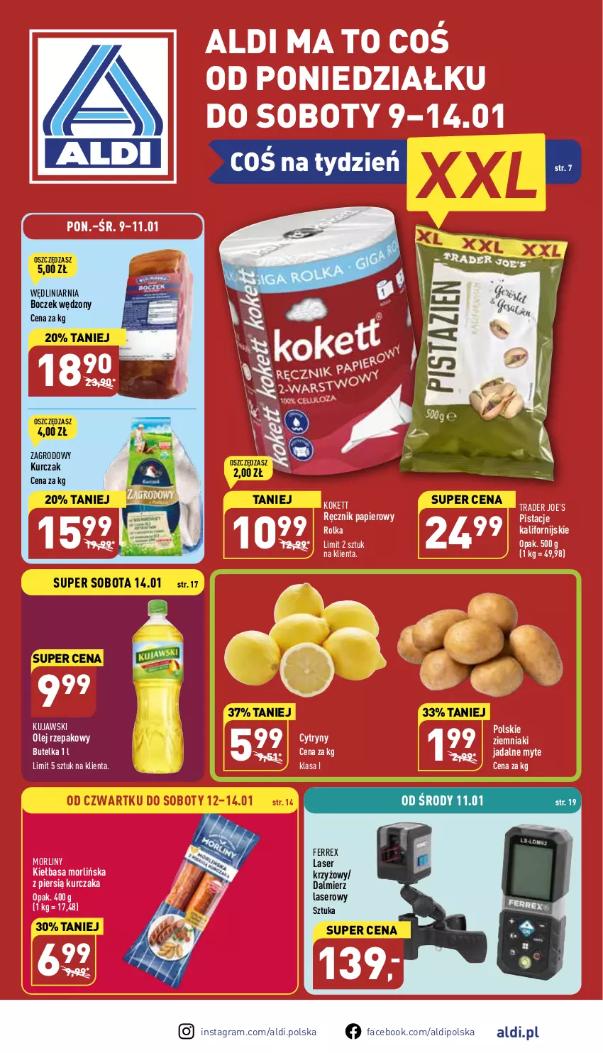 Gazetka promocyjna Aldi - Pełny katalog - ważna 09.01 do 14.01.2023 - strona 1 - produkty: Boczek, Cytryny, Fa, Gra, Kiełbasa, Kujawski, Kurczak, Laser krzyżowy, Morliny, Olej, Olej rzepakowy, Papier, Pistacje, Ręcznik, Ser, Ziemniaki