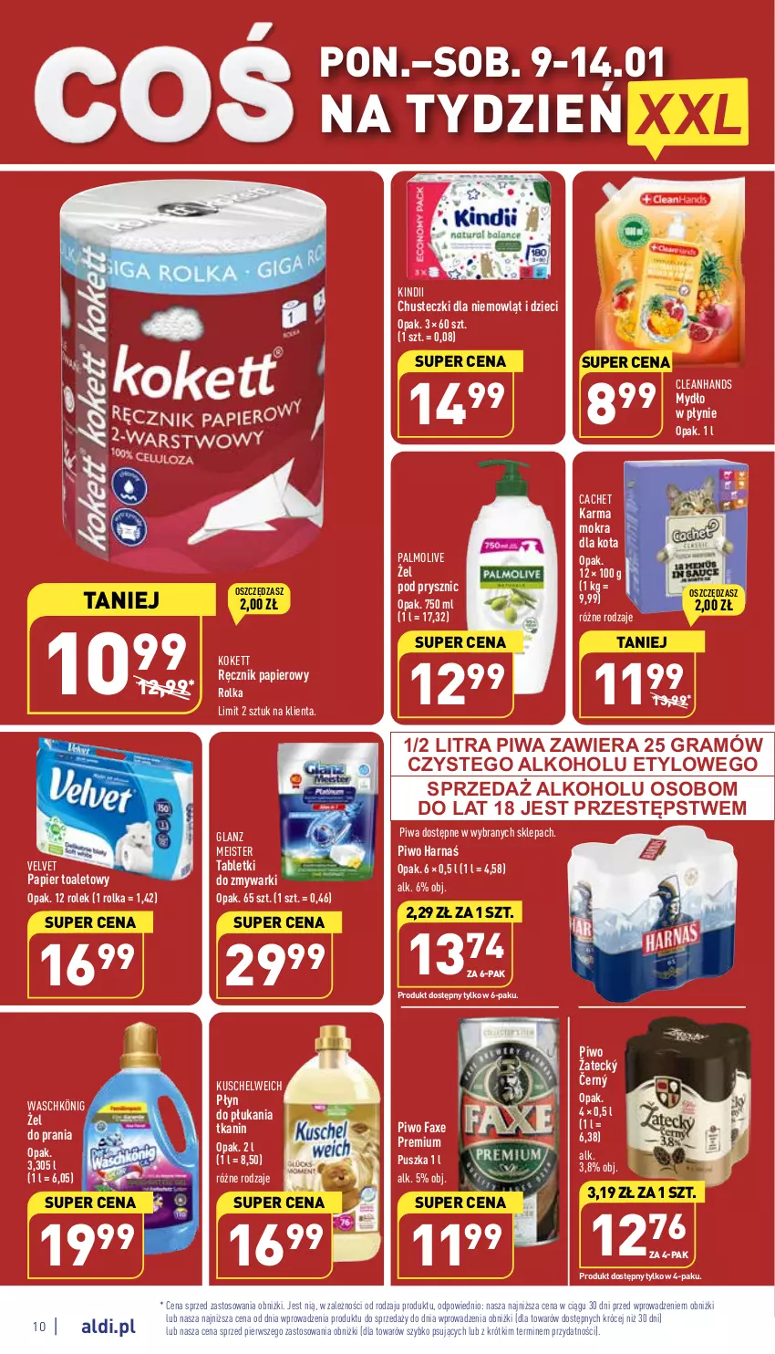 Gazetka promocyjna Aldi - Pełny katalog - ważna 09.01 do 14.01.2023 - strona 10 - produkty: Chusteczki, Dzieci, Fa, Gra, Harnaś, Kindii, König, Mydło, Mydło w płynie, Palmolive, Papier, Papier toaletowy, Piwa, Piwo, Płyn do płukania, Ręcznik, Tablet, Tabletki do zmywarki, Velvet, Zmywarki