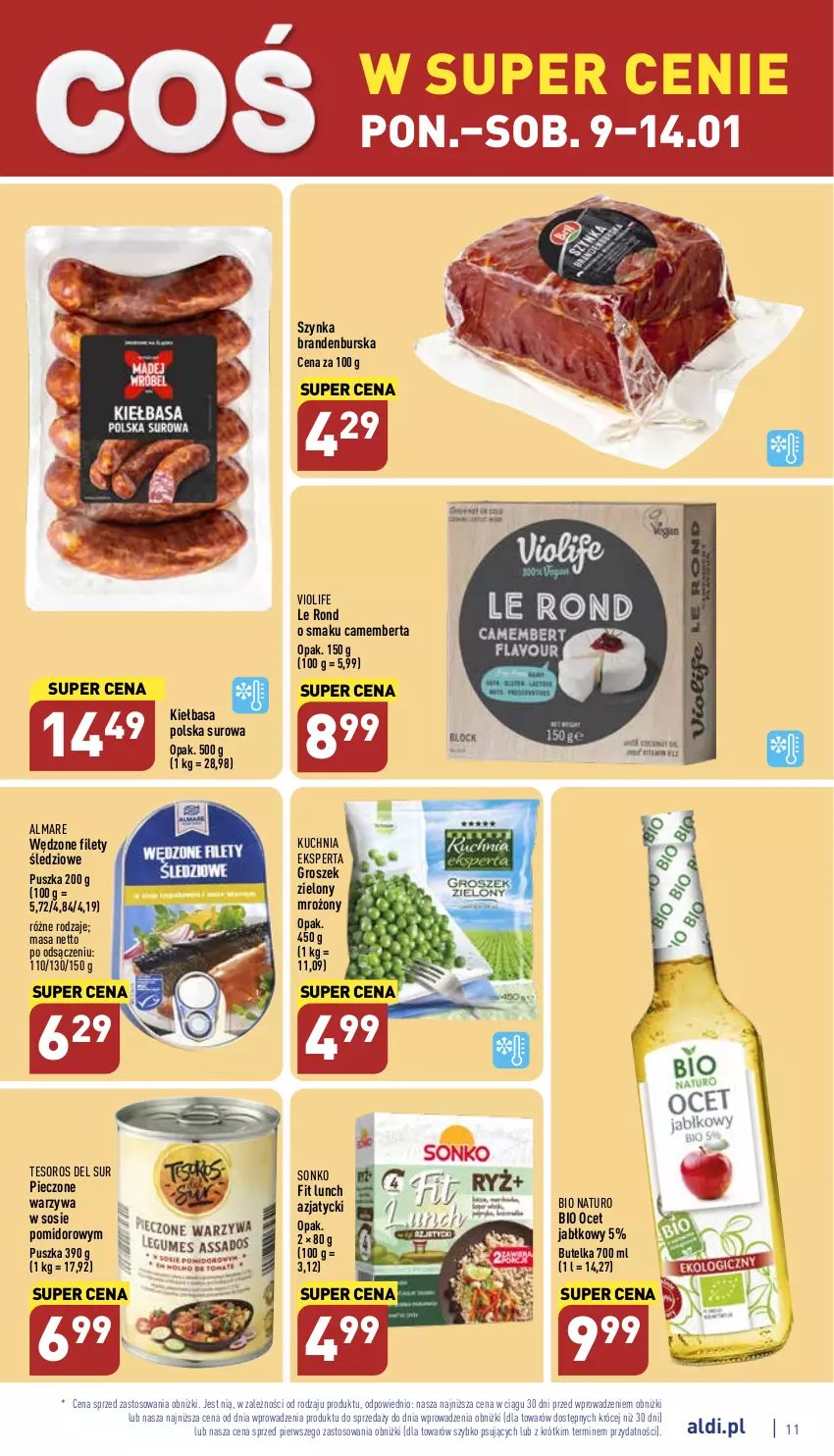 Gazetka promocyjna Aldi - Pełny katalog - ważna 09.01 do 14.01.2023 - strona 11 - produkty: Camembert, Groszek, Kiełbasa, Kuchnia, Ocet, Piec, Sonko, Sos, Szynka, Warzywa