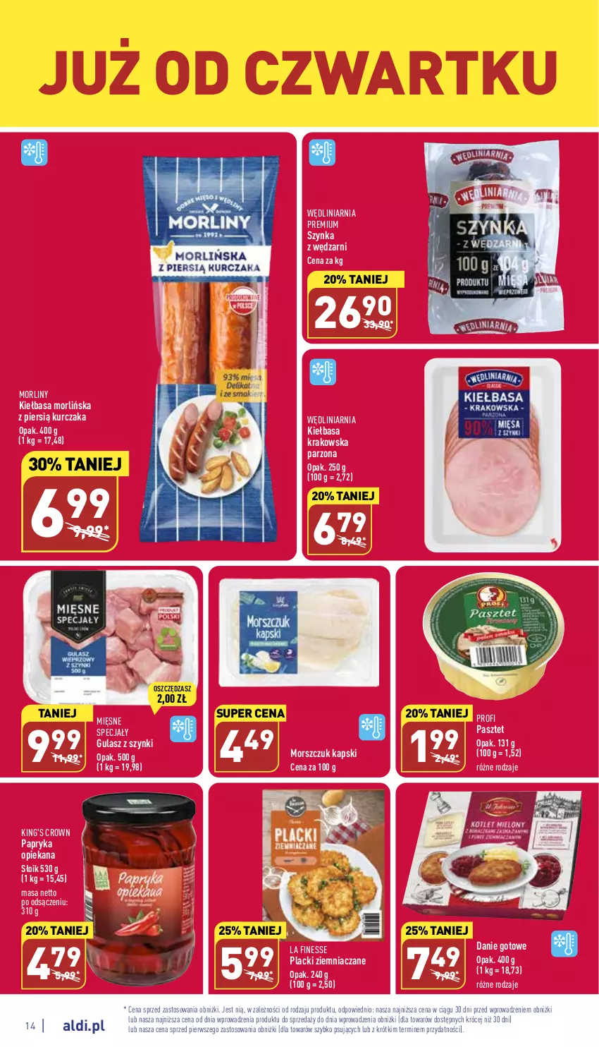 Gazetka promocyjna Aldi - Pełny katalog - ważna 09.01 do 14.01.2023 - strona 14 - produkty: Danie gotowe, Kiełbasa, Kiełbasa krakowska, Kurczak, Lack, Mięsne specjały, Morliny, Papryka, Pasztet, Szynka