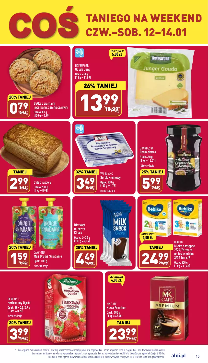 Gazetka promocyjna Aldi - Pełny katalog - ważna 09.01 do 14.01.2023 - strona 15 - produkty: Bebiko, Bułka, Burger, Chleb, Dawtona, Dżem, Gouda, Gra, Herbapol, Hofburger, Kawa, Mleko, Mus, O nas, Ogród, Ser, Serek