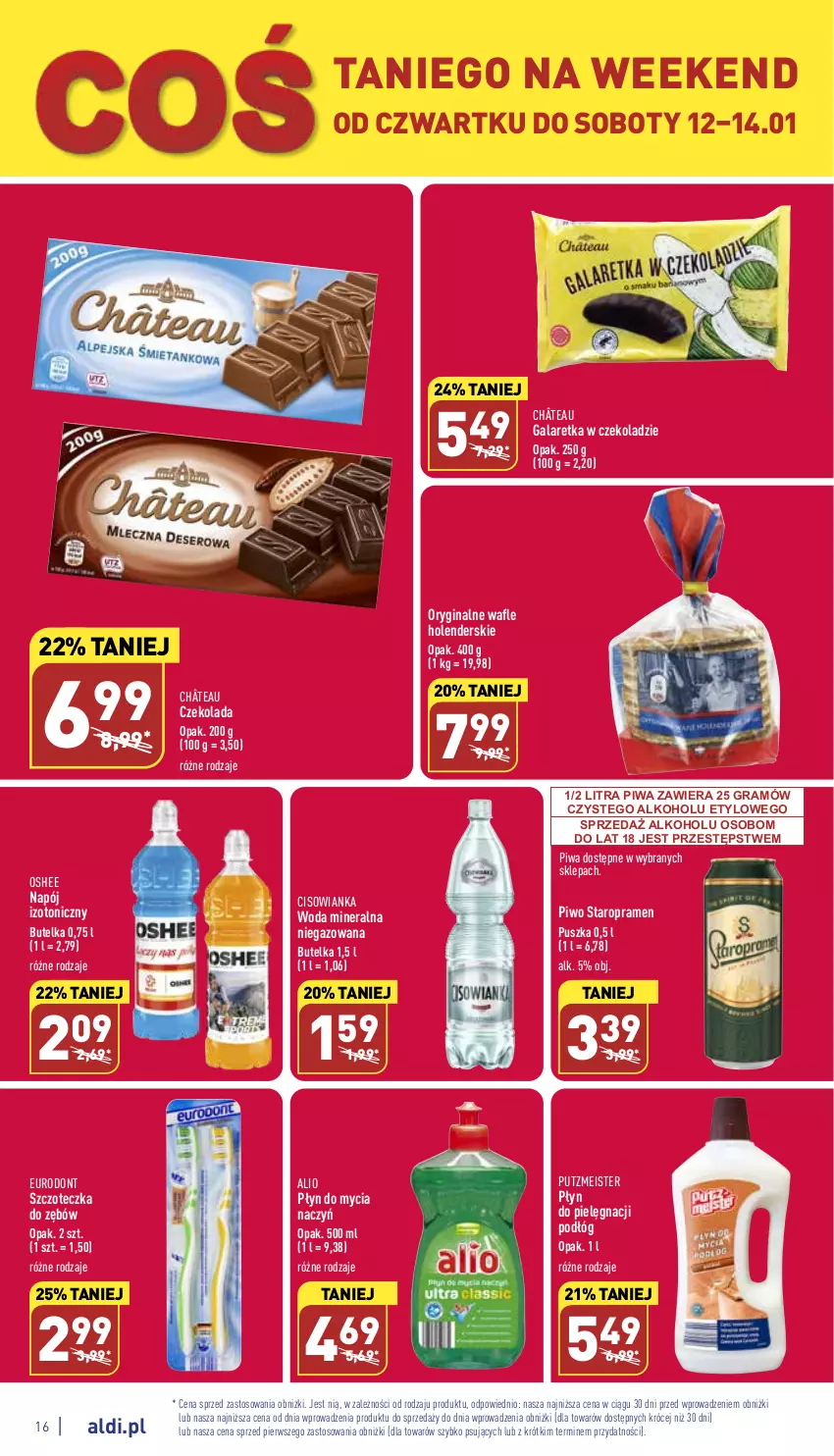 Gazetka promocyjna Aldi - Pełny katalog - ważna 09.01 do 14.01.2023 - strona 16 - produkty: Cisowianka, Czekolada, Do mycia naczyń, Gala, Galaretka, Gin, Gra, Napój, Napój izotoniczny, Oshee, Piwa, Piwo, Płyn do mycia, Płyn do mycia naczyń, Putzmeister, Szczoteczka, Szczoteczka do zębów, Wafle, Woda, Woda mineralna