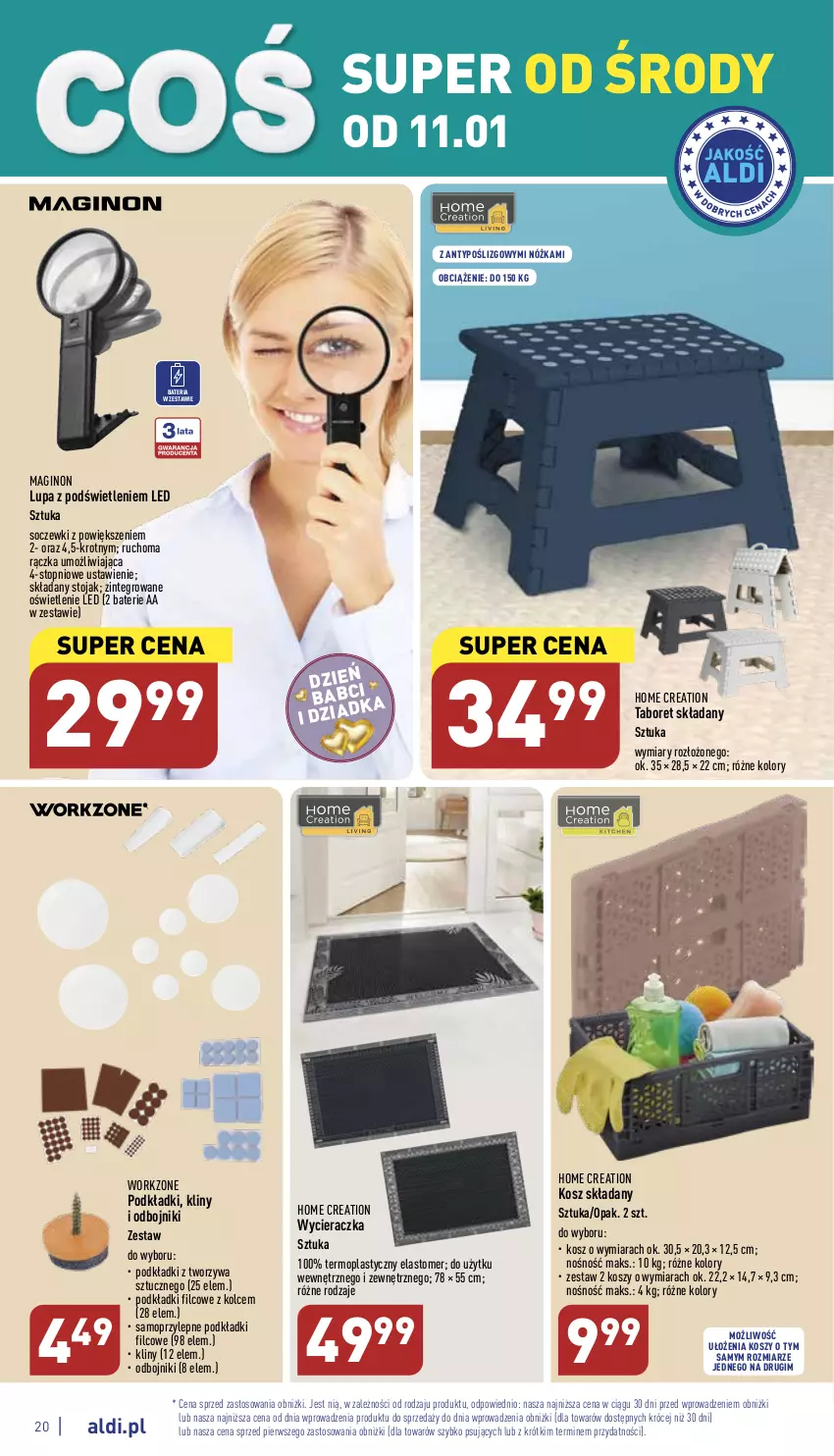 Gazetka promocyjna Aldi - Pełny katalog - ważna 09.01 do 14.01.2023 - strona 20 - produkty: Bateria, Gin, Kosz, Mop, Podkład, Stojak, Taboret, Taboret składany, Top, Wycieraczka