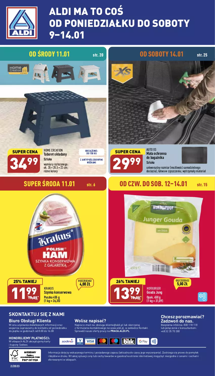 Gazetka promocyjna Aldi - Pełny katalog - ważna 09.01 do 14.01.2023 - strona 28 - produkty: Biuro, Burger, Gouda, Hofburger, Krakus, Mata ochronna, O Bag, O nas, Por, Ser, Szynka, Szynka konserwowa, Taboret, Taboret składany