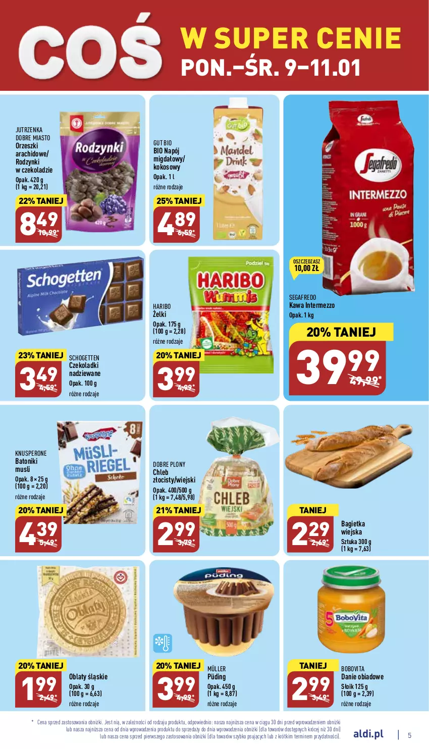 Gazetka promocyjna Aldi - Pełny katalog - ważna 09.01 do 14.01.2023 - strona 5 - produkty: Bagietka, Baton, BoboVita, Chleb, Haribo, Jutrzenka, Kawa, Kokos, Müller, Mus, Napój, Orzeszki, Rodzynki, Schogetten, Segafredo, Tonik