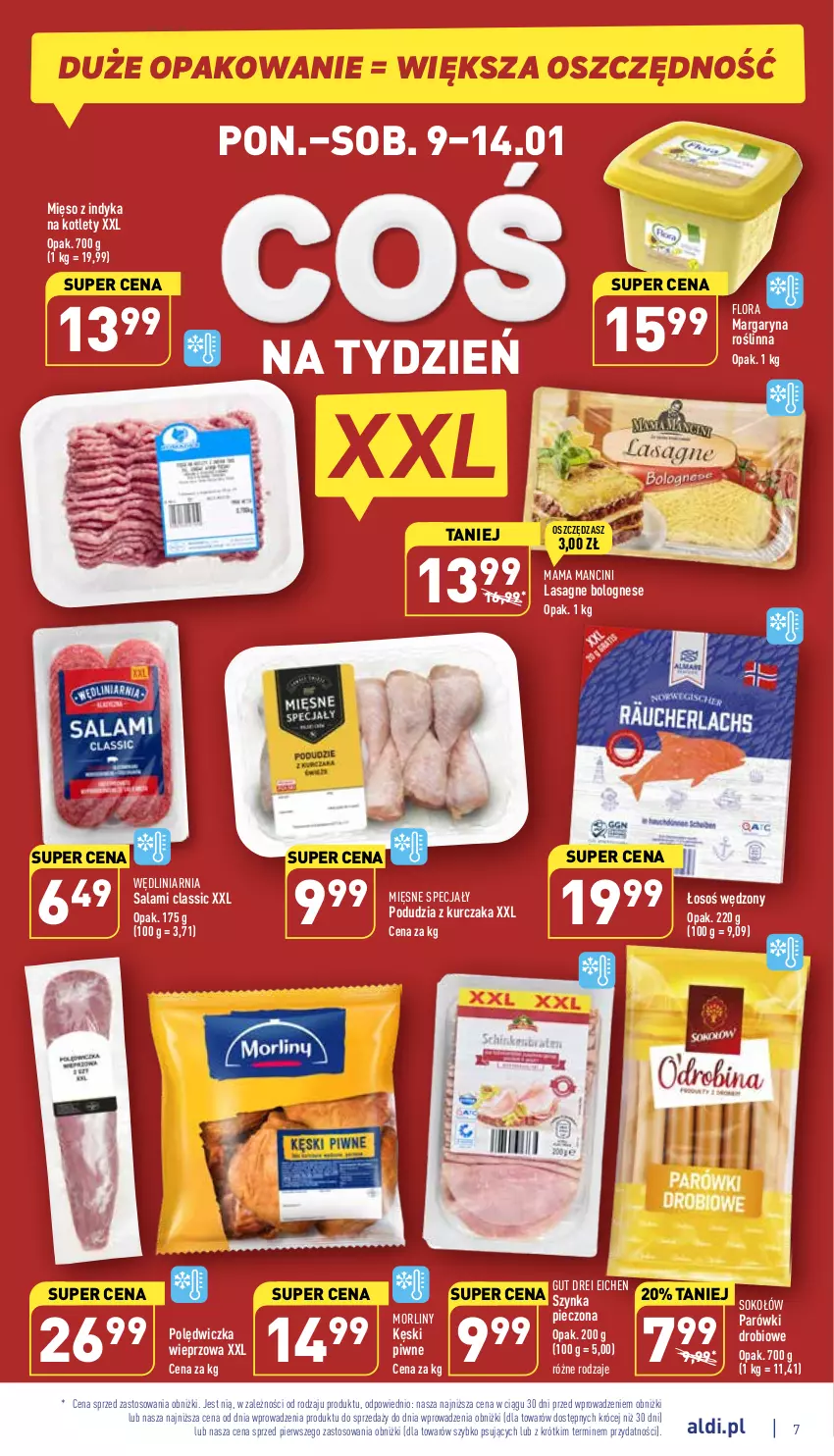 Gazetka promocyjna Aldi - Pełny katalog - ważna 09.01 do 14.01.2023 - strona 7 - produkty: Flora, Kęski piwne, Kotlet, Kurczak, Lasagne, Lasagne bolognese, Margaryna, Mięsne specjały, Mięso, Mięso z indyka, Morliny, Parówki, Piec, Polędwiczka wieprzowa, Salami, Sok, Sokołów, Szynka