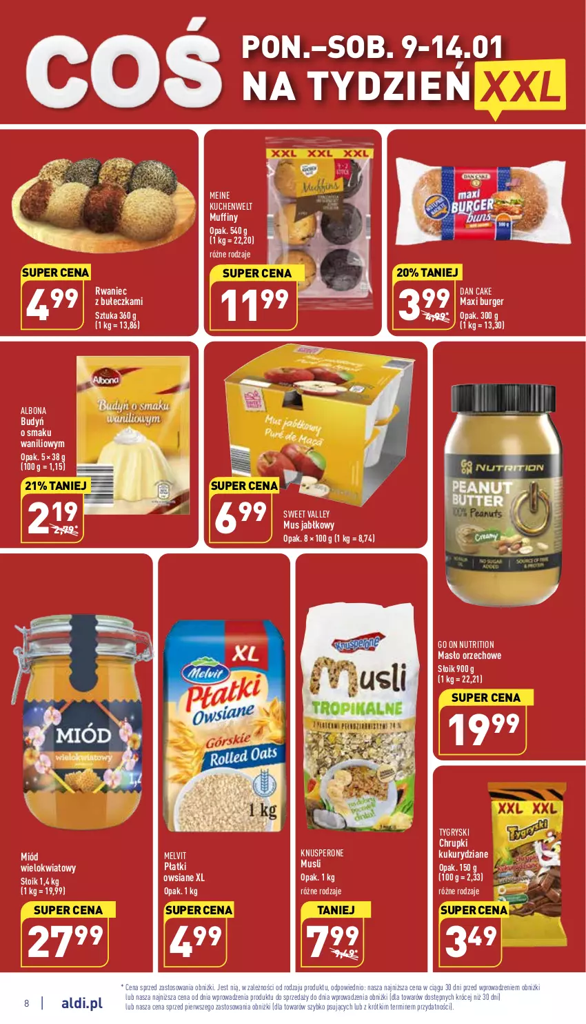 Gazetka promocyjna Aldi - Pełny katalog - ważna 09.01 do 14.01.2023 - strona 8 - produkty: Albona, Budyń, Burger, Chrupki, Dan Cake, Gry, Masło, Masło orzechowe, Melvit, Miód, Muffiny, Mus, Płatki owsiane