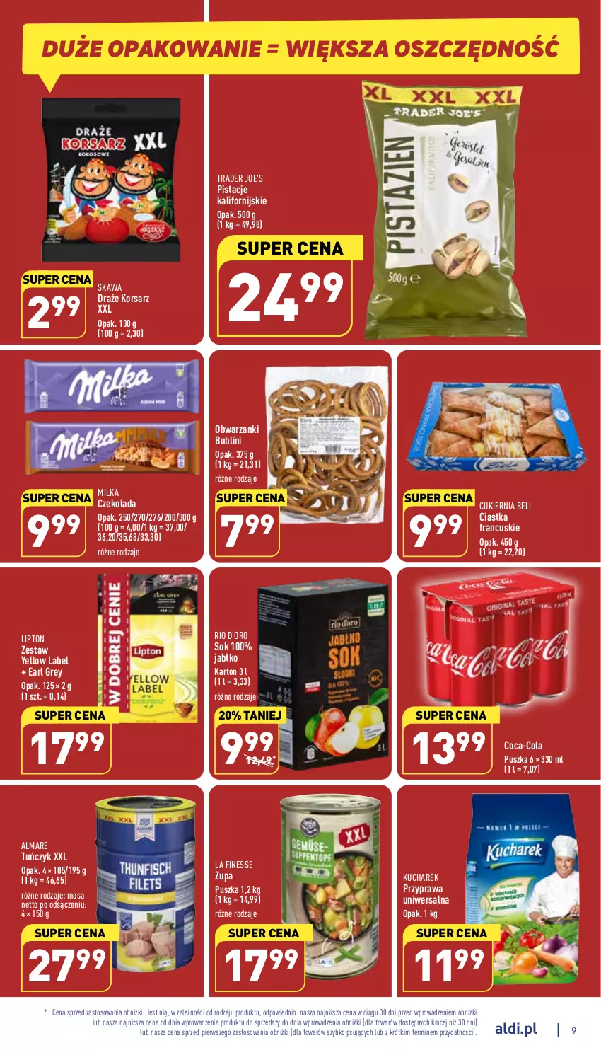 Gazetka promocyjna Aldi - Pełny katalog - ważna 09.01 do 14.01.2023 - strona 9 - produkty: Ciastka, Coca-Cola, Cukier, Czekolada, Earl Grey, Kawa, Kucharek, Lipton, Milka, Pistacje, Przyprawa uniwersalna, Sok, Tuńczyk, Zupa