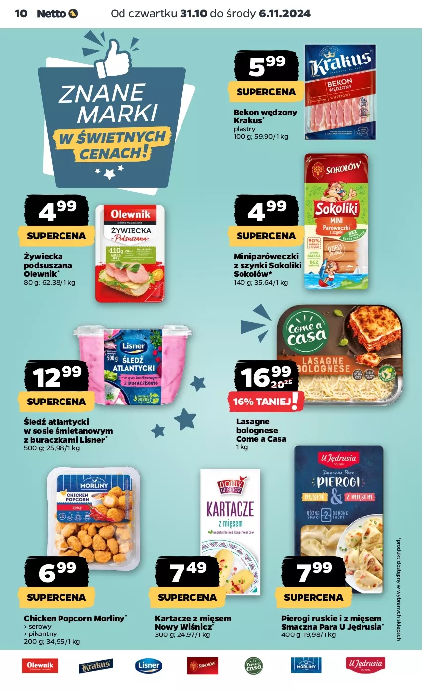 Gazetka promocyjna Netto - Artykuły spożywcze - ważna 31.10 do 06.11.2024 - strona 10 - produkty: Beko, Krakus, Lasagne, Lasagne bolognese, Lisner, Morliny, Olewnik, Pierogi, Popcorn, Ser, Sok, Sokołów, Sos