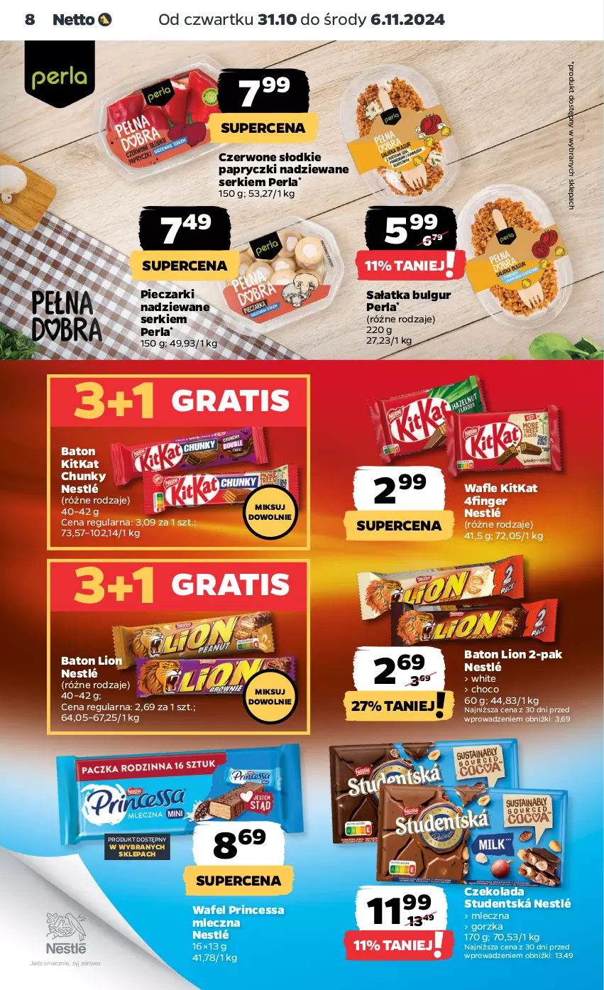 Gazetka promocyjna Netto - Artykuły spożywcze - ważna 31.10 do 06.11.2024 - strona 8 - produkty: Baton, Bulgur, Czekolada, Gra, LG, Lion, Nestlé, Papryczki nadziewane, Piec, Princessa, Sałat, Sałatka, Ser