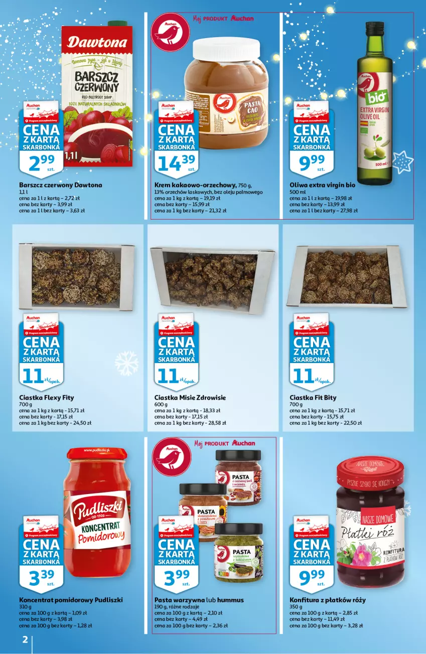 Gazetka promocyjna Auchan - Skarbonka #48 - ważna 02.12 do 08.12.2021 - strona 2 - produkty: Ciastka, Dawtona, Fa, Gin, Hummus, Kakao, Koncentrat pomidorowy, Konfitura, Mus, Olej, Pasta warzywna, Pudliszki