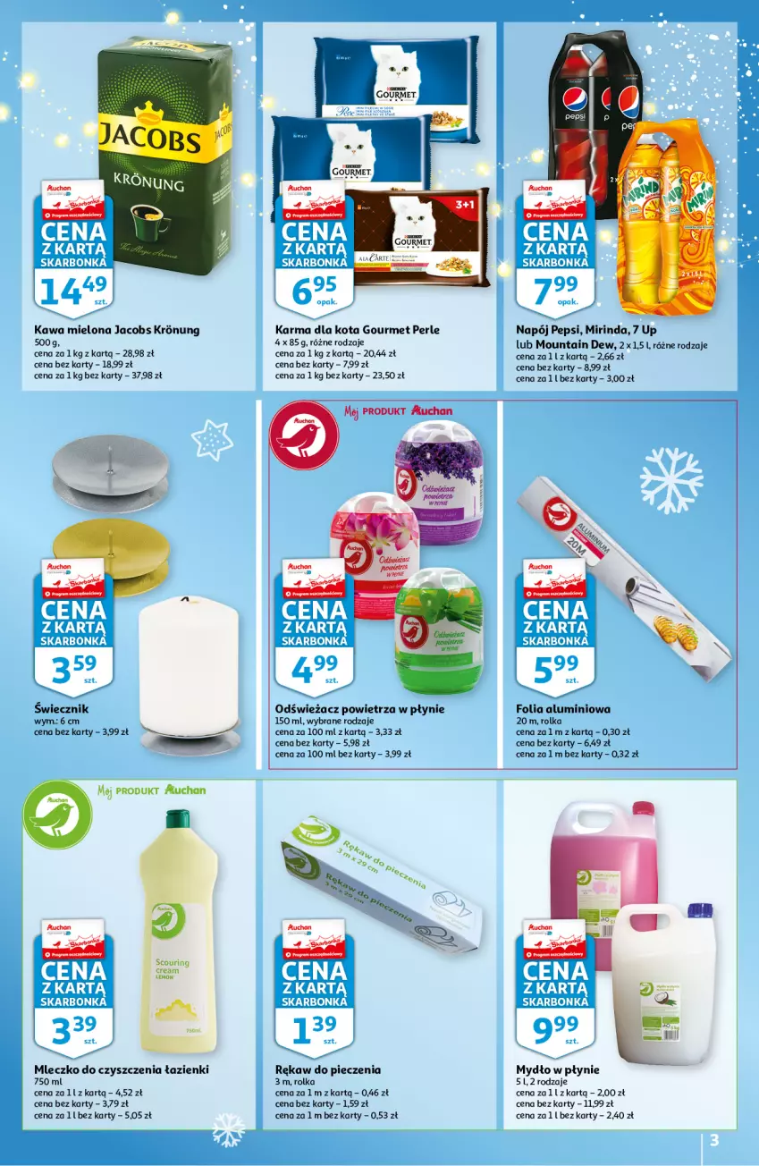 Gazetka promocyjna Auchan - Skarbonka #48 - ważna 02.12 do 08.12.2021 - strona 3 - produkty: Folia aluminiowa, Jacobs, Kawa, Kawa mielona, Mirinda, Mleczko, Mydło, Mydło w płynie, Napój, Odświeżacz powietrza, Pepsi, Piec, Rękaw do pieczenia