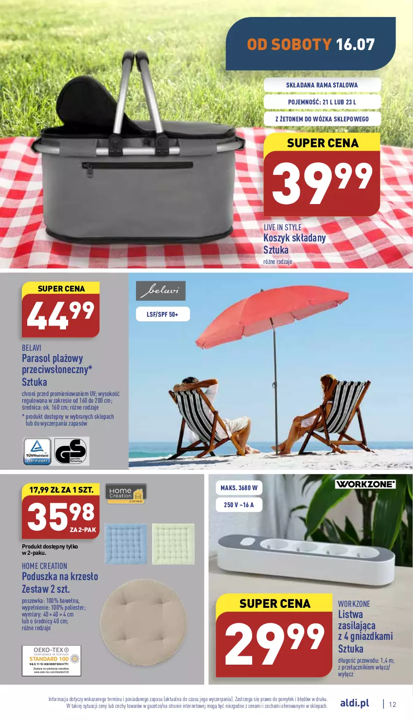 Gazetka promocyjna Aldi - Zaplanuj zakupy wcześniej - ważna 13.07 do 16.07.2022 - strona 12 - produkty: Kosz, Krzesło, Listwa, Parasol, Poduszka, Poszewka, Rama, Sok, Wełna