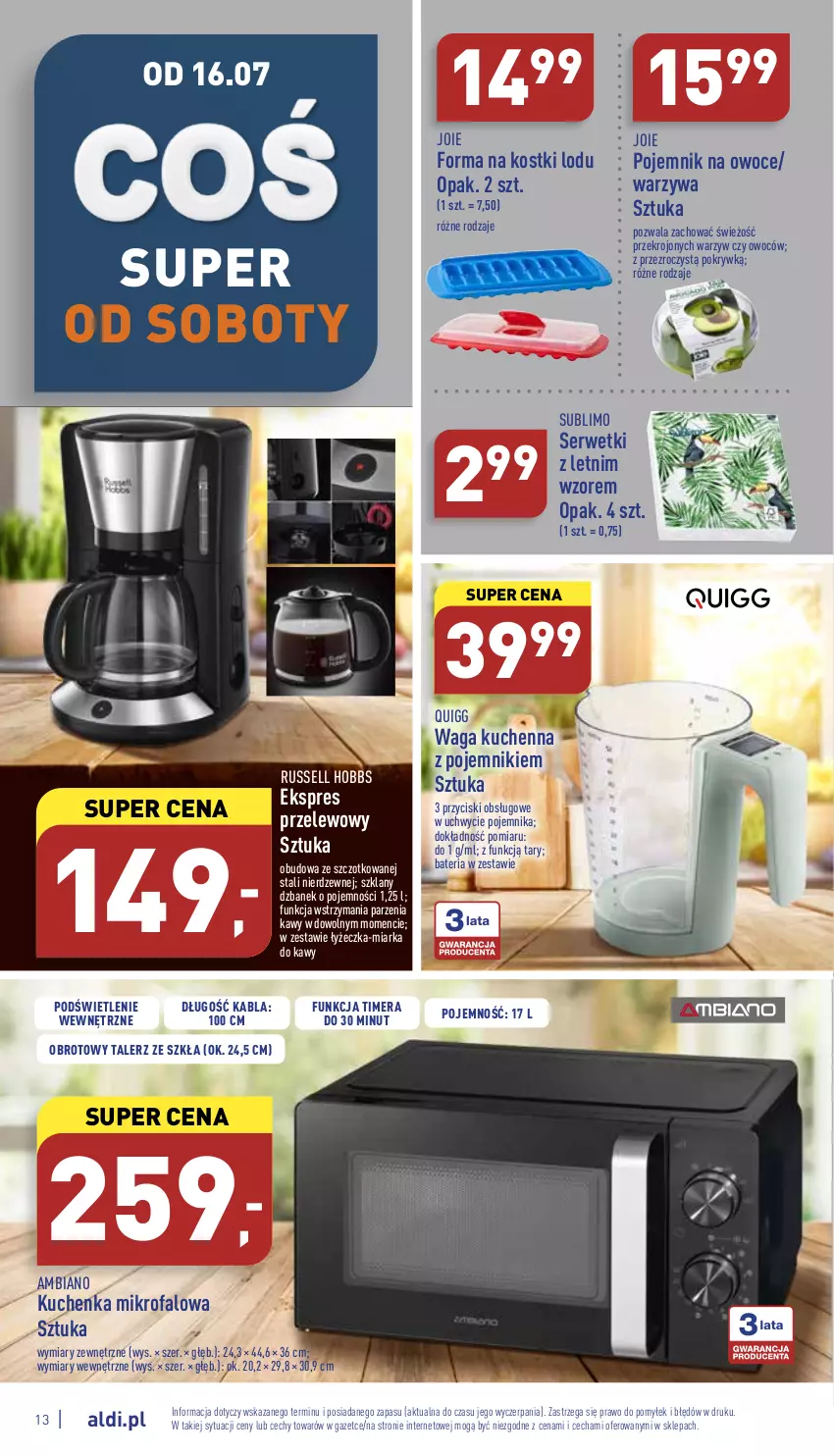 Gazetka promocyjna Aldi - Zaplanuj zakupy wcześniej - ważna 13.07 do 16.07.2022 - strona 13 - produkty: Bateria, Dzbanek, Ekspres przelewowy, Fa, Kuchenka mikrofalowa, Miarka, Owoce, Pojemnik, Ser, Serwetki, Talerz, Waga, Warzywa