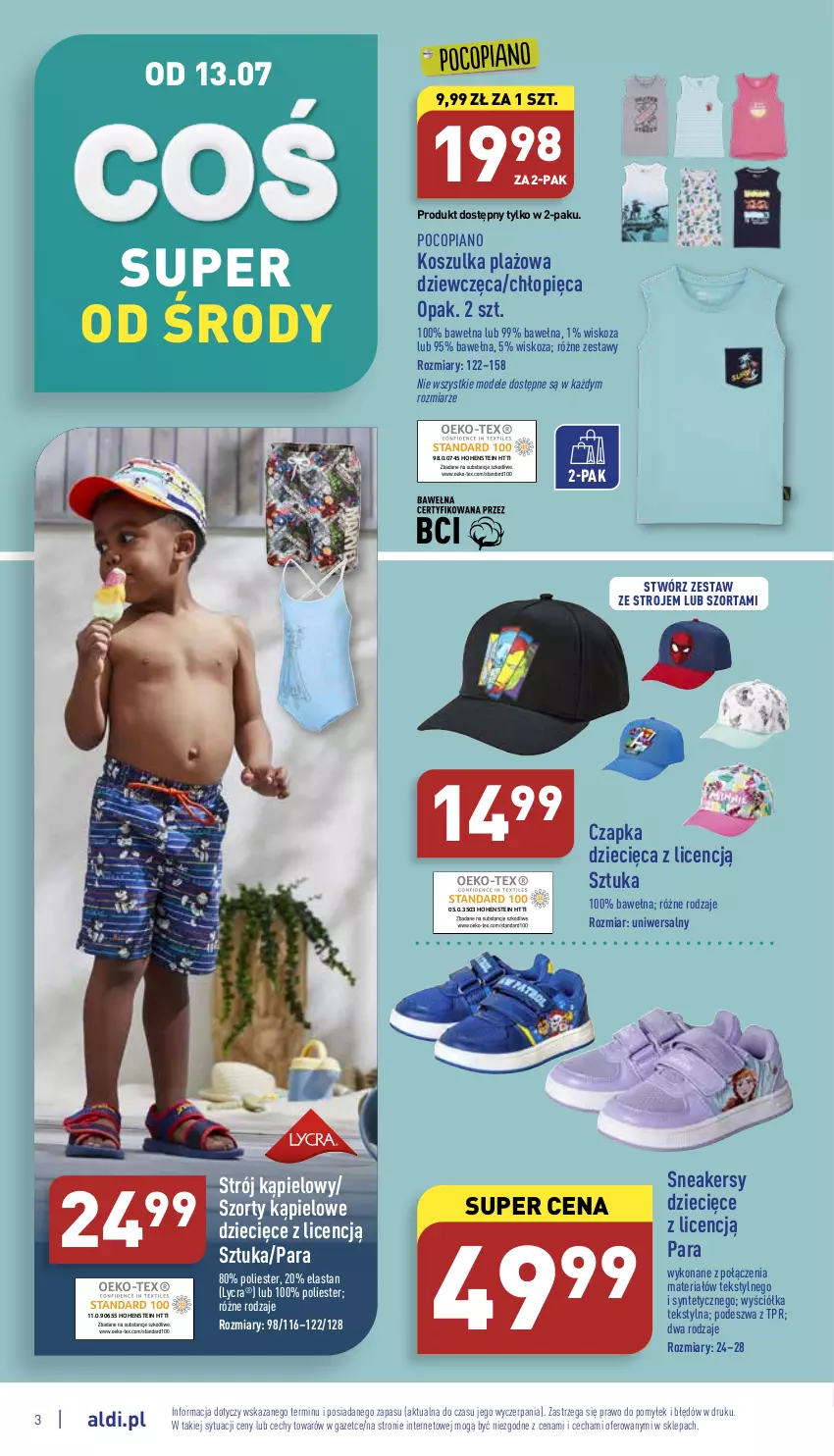 Gazetka promocyjna Aldi - Zaplanuj zakupy wcześniej - ważna 13.07 do 16.07.2022 - strona 3 - produkty: Czapka, Dzieci, Kosz, Koszulka, Pocopiano, Sneakersy, Strój kąpielowy, Szorty, Wełna