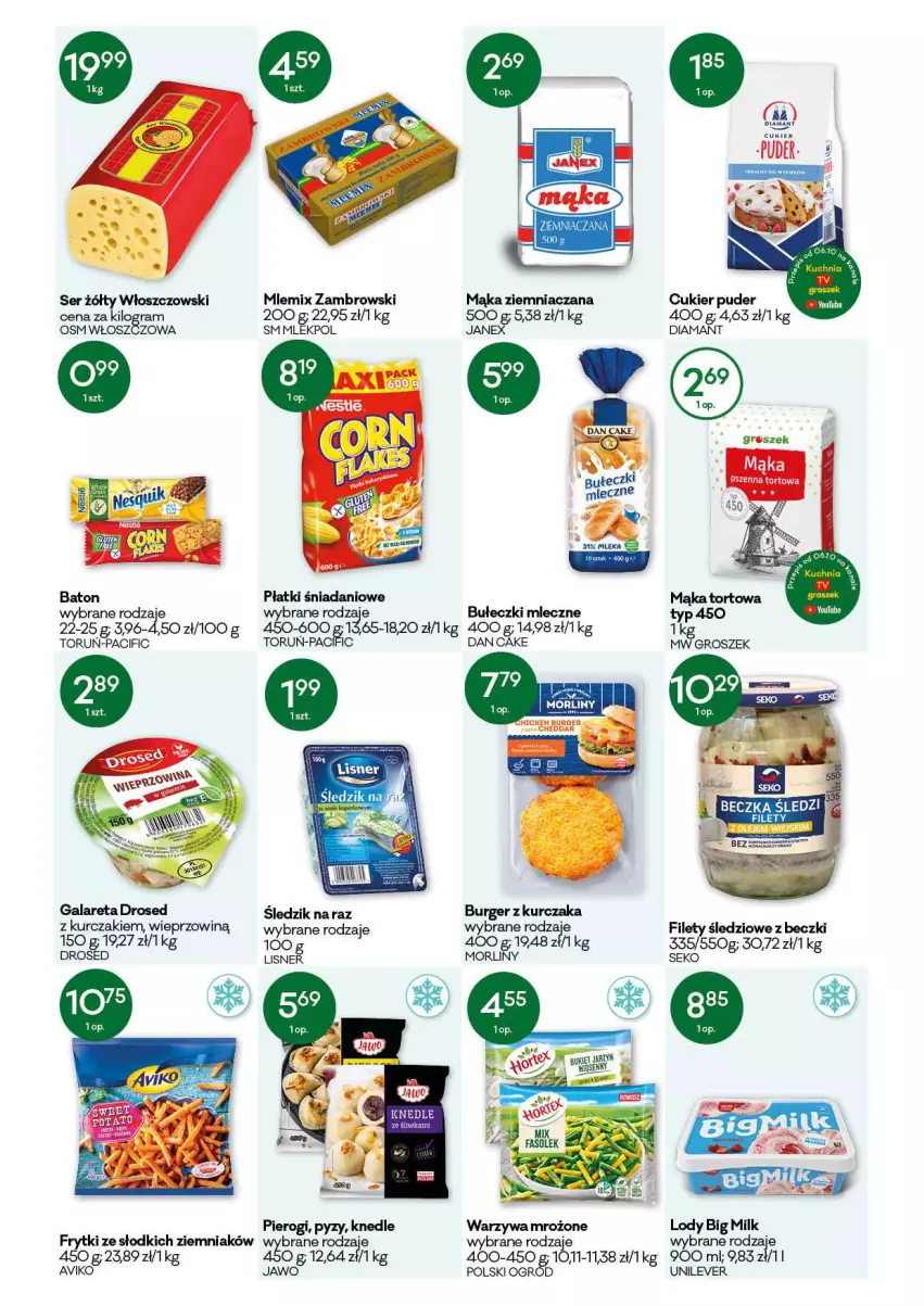 Gazetka promocyjna Groszek - Gazetka - ważna 07.10 do 19.10.2021 - strona 5 - produkty: Baton, Big Milk, Bułeczki, Bułeczki mleczne, Burger, Cif, Cukier, Cukier puder, Dan Cake, Danio, Diamant, Frytki, Gra, Groszek, Knedle, Kurczak, Lisner, Lody, Mąka, Mąka tortowa, Mlemix Zambrowski, Morliny, Ogród, Pierogi, Puder, SEKO, Ser, Warzywa, Włoszczowski