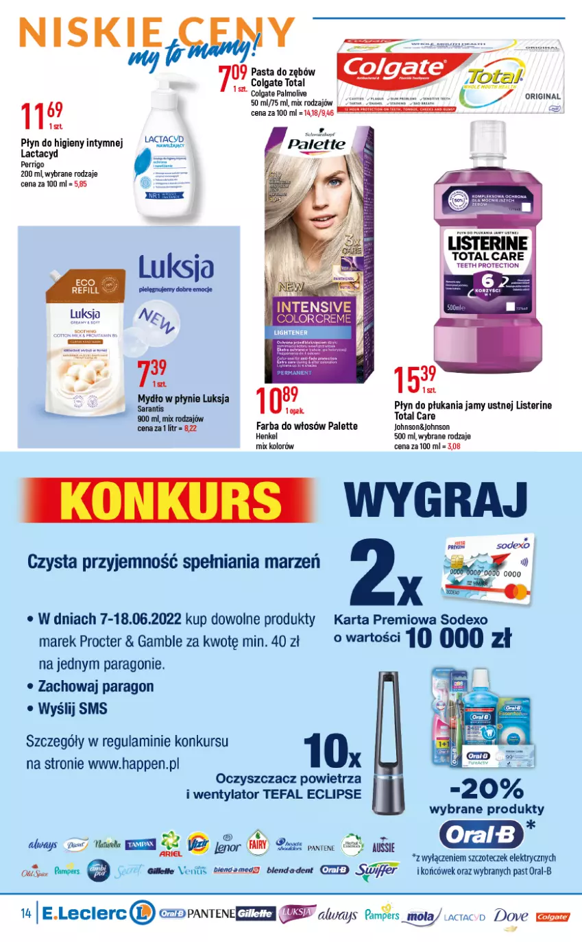 Gazetka promocyjna E Leclerc - ważna 07.06 do 18.06.2022 - strona 14 - produkty: Always, Colgate, Dove, Fa, Fairy, Farba do włosów, Gin, Lactacyd, Lenor, LG, Listerine, Luksja, Mola, Oczyszczacz powietrza, Palette, Pampers, Pantene, Płyn do płukania, Płyn do płukania jamy ustnej, Tefal