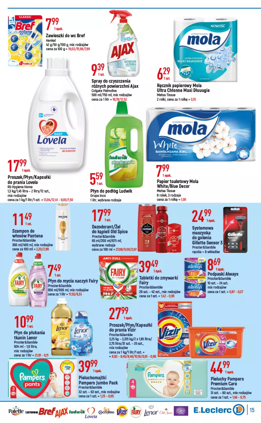 Gazetka promocyjna E Leclerc - ważna 07.06 do 18.06.2022 - strona 15 - produkty: Ajax, Bref, Colgate, Dezodorant, Fa, Fairy, Gillette, Lenor, LG, Lovela, Ludwik, Majtki, Mola, Old Spice, Palette, Palmolive, Pampers, Pantene, Papier, Papier toaletowy, Pieluchomajtki, Pieluchy, Płyn do płukania, Ręcznik, Rolki, Sos, Spray do czyszczenia, Szampon, Tablet, Tabletki do zmywarki, Tera, Vizir, Zawieszki, Zmywarki