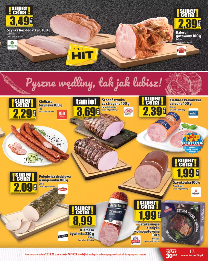 Gazetka promocyjna Topaz - Gazetka - ważna 12.10 do 18.10.2023 - strona 13 - produkty: Duda, Kiełbasa, Kiełbasa krakowska, Szynka, Top