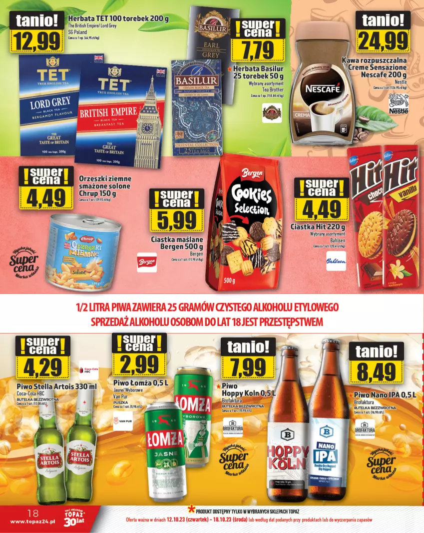 Gazetka promocyjna Topaz - Gazetka - ważna 12.10 do 18.10.2023 - strona 18 - produkty: Brit, Brita, Ciastka, Fa, Herbata, Kawa, Kawa rozpuszczalna, Orzeszki, Piwo, Pur, Top