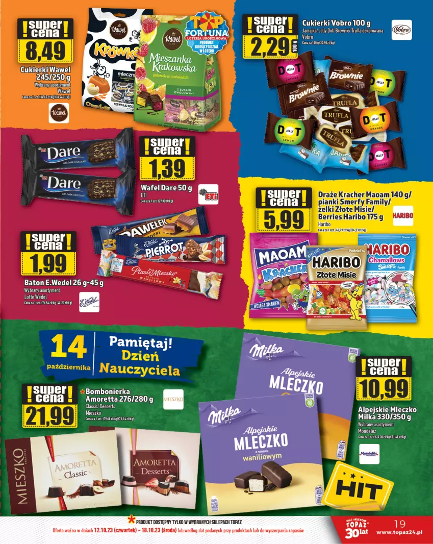 Gazetka promocyjna Topaz - Gazetka - ważna 12.10 do 18.10.2023 - strona 19 - produkty: Brownie, Cukier, Cukierki, Fa, Gres, Haribo, Koc, Miecz, Milka, Ser, Top, Wawel