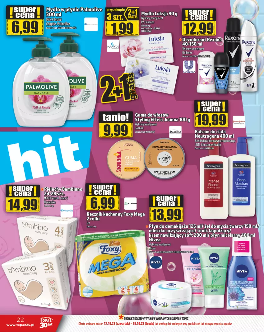 Gazetka promocyjna Topaz - Gazetka - ważna 12.10 do 18.10.2023 - strona 22 - produkty: Fa, Joanna, Mydło, Neutrogena, Palmolive, Rexona, Sos, Top