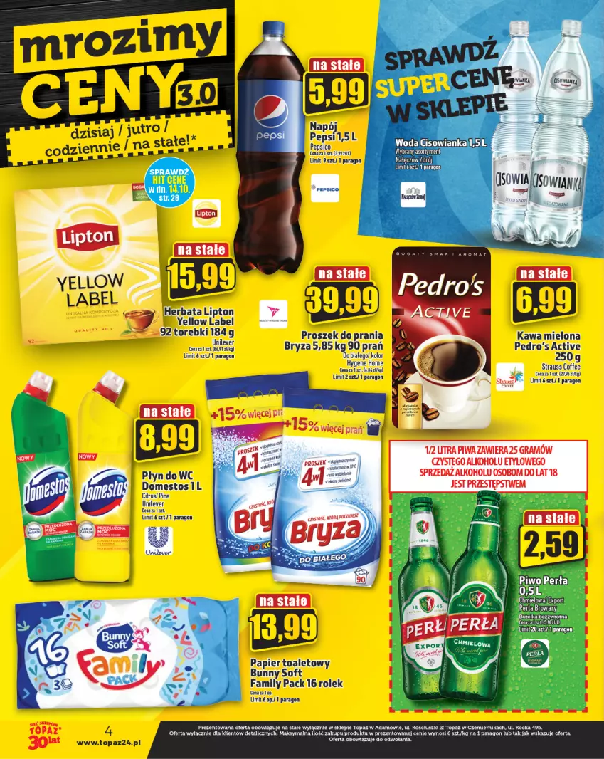 Gazetka promocyjna Topaz - Gazetka - ważna 12.10 do 18.10.2023 - strona 4 - produkty: Bryza, Domestos, Fa, Gra, Herbata, Kawa, Kawa mielona, Koc, Lipton, Napój, Papier, Papier toaletowy, Pepsi, Piwa, Płyn do wc, Por, Proszek do prania, Top