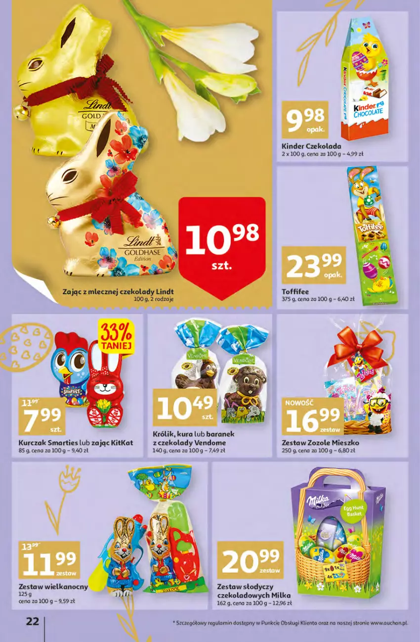 Gazetka promocyjna Auchan - przeNISKIE CENY przesmaczna Wielkanoc Hipermarkety - ważna 07.04 do 16.04.2022 - strona 22 - produkty: Czekolada, Kinder, Królik, Kurczak, Lindt, Lion, Milka, Toffifee