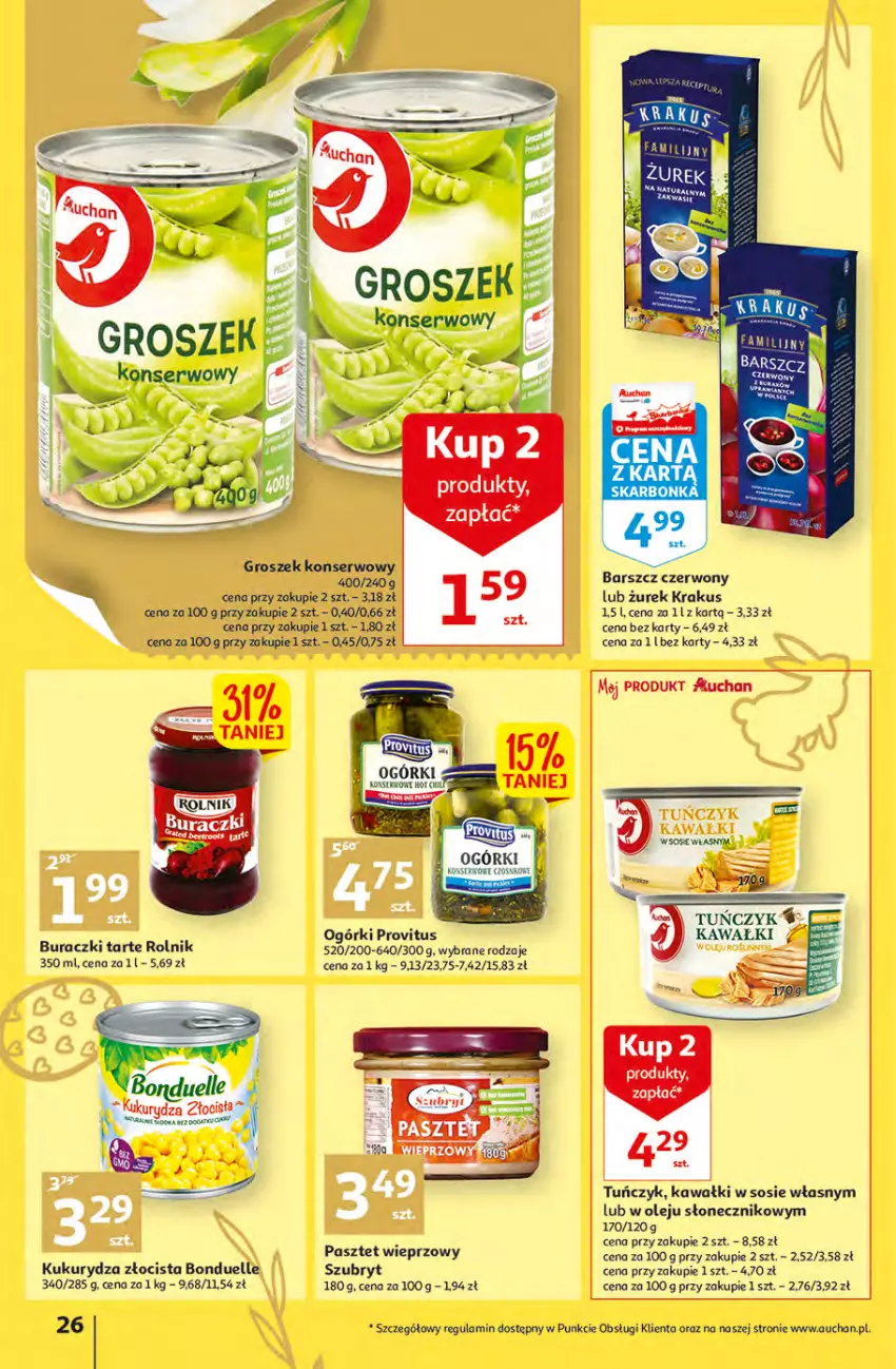 Gazetka promocyjna Auchan - przeNISKIE CENY przesmaczna Wielkanoc Hipermarkety - ważna 07.04 do 16.04.2022 - strona 26 - produkty: Bonduelle, Buraczki, Groszek, Kawa, Krakus, Kukurydza, Olej, Pasztet, Rolnik, Ser, Sos, Szubryt, Tuńczyk