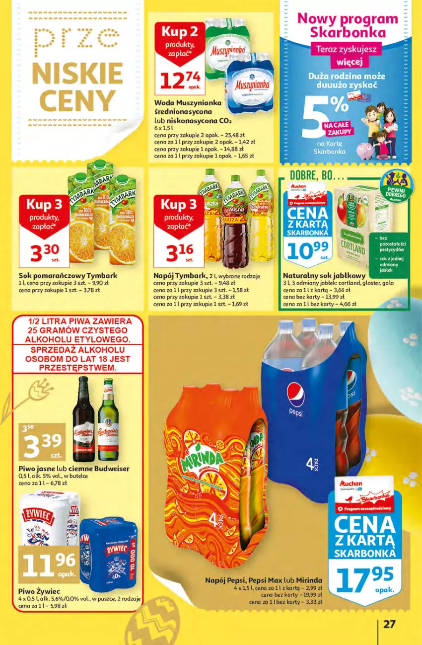 Gazetka promocyjna Auchan - przeNISKIE CENY przesmaczna Wielkanoc Hipermarkety - ważna 07.04 do 16.04.2022 - strona 27 - produkty: Gala, Gra, Mirinda, Mus, Muszynianka, Napój, Pepsi, Pepsi max, Piwa, Piwo, Piwo jasne, Ser, Sok, Sok jabłkowy, Tera, Tymbark, Woda