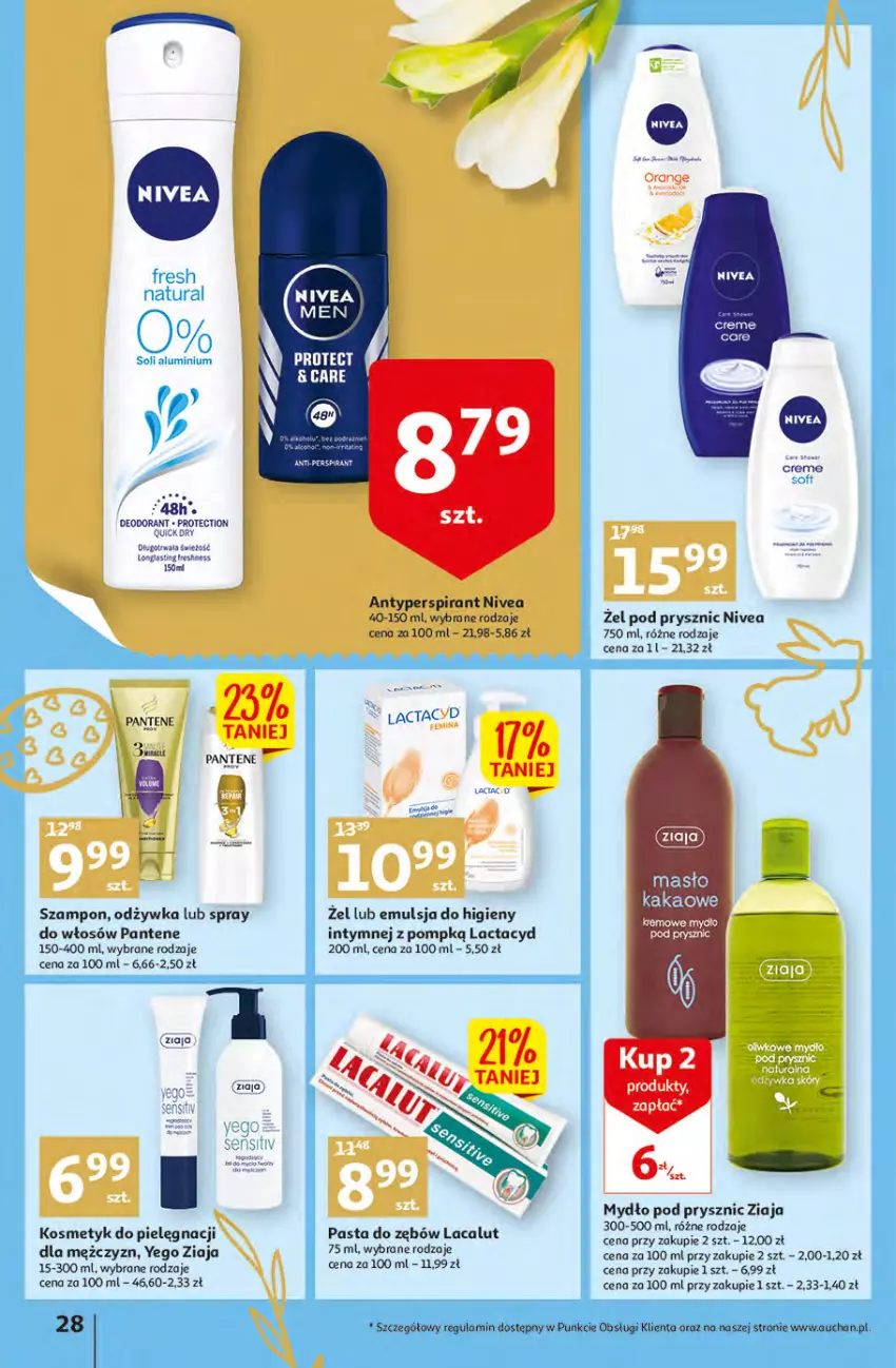 Gazetka promocyjna Auchan - przeNISKIE CENY przesmaczna Wielkanoc Hipermarkety - ważna 07.04 do 16.04.2022 - strona 28 - produkty: Antyperspirant, Emulsja, Kakao, Lacalut, Lactacyd, Masło, Mydło, Nivea, Odżywka, Pantene, Pasta do zębów, Szampon, Ziaja