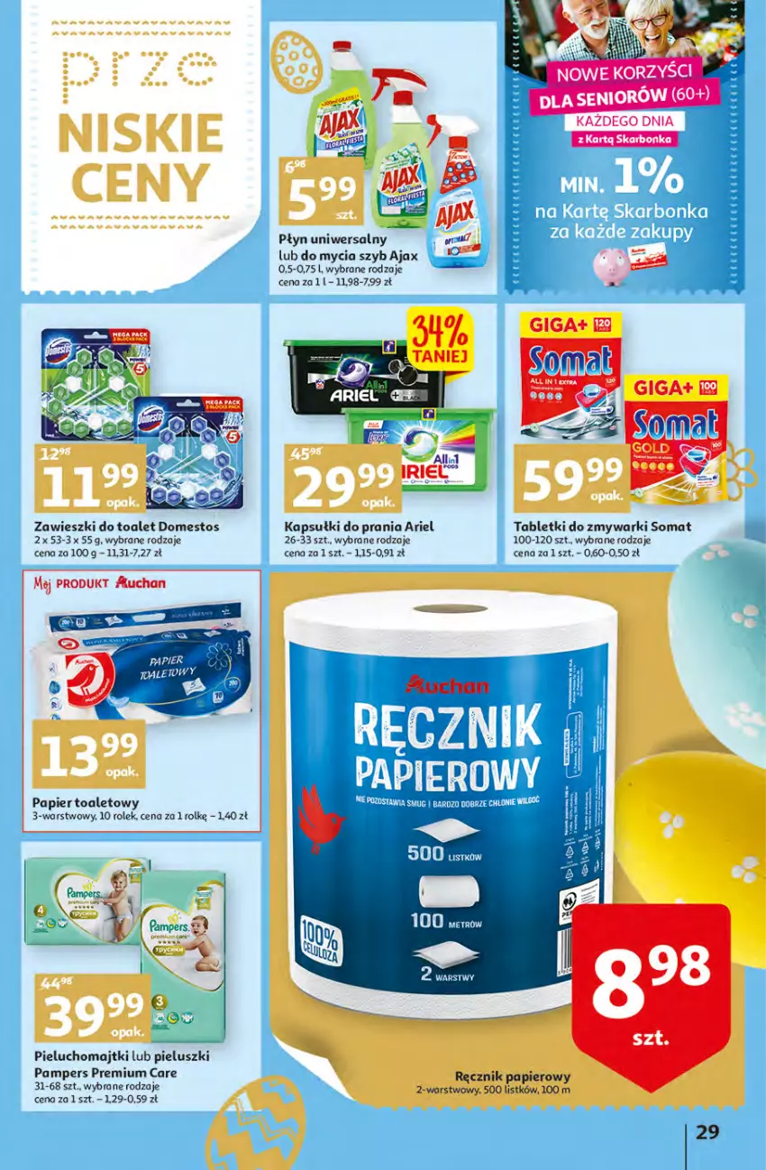 Gazetka promocyjna Auchan - przeNISKIE CENY przesmaczna Wielkanoc Hipermarkety - ważna 07.04 do 16.04.2022 - strona 29 - produkty: Ajax, Ariel, Domestos, Gra, Kapsułki do prania, Majtki, Pampers, Papier, Papier toaletowy, Pieluchomajtki, Ręcznik, Somat, Tablet, Tabletki do zmywarki, Zawieszki, Zmywarki