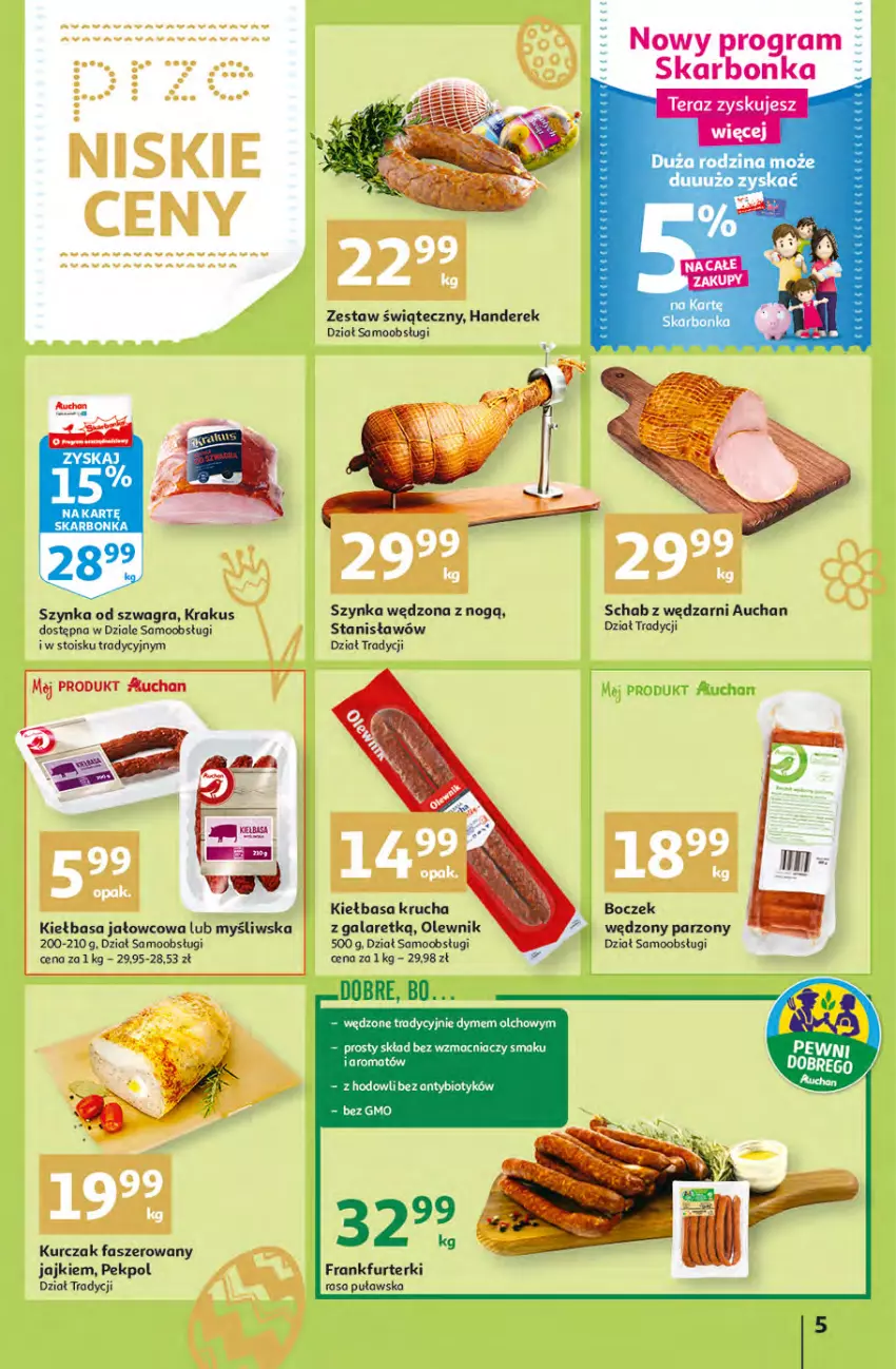 Gazetka promocyjna Auchan - przeNISKIE CENY przesmaczna Wielkanoc Hipermarkety - ważna 07.04 do 16.04.2022 - strona 5 - produkty: Boczek, Fa, Frankfurterki, Gala, Gra, Kiełbasa, Kiełbasa krucha, Krakus, Kurczak, Olewnik, Pekpol, Szynka, Tera