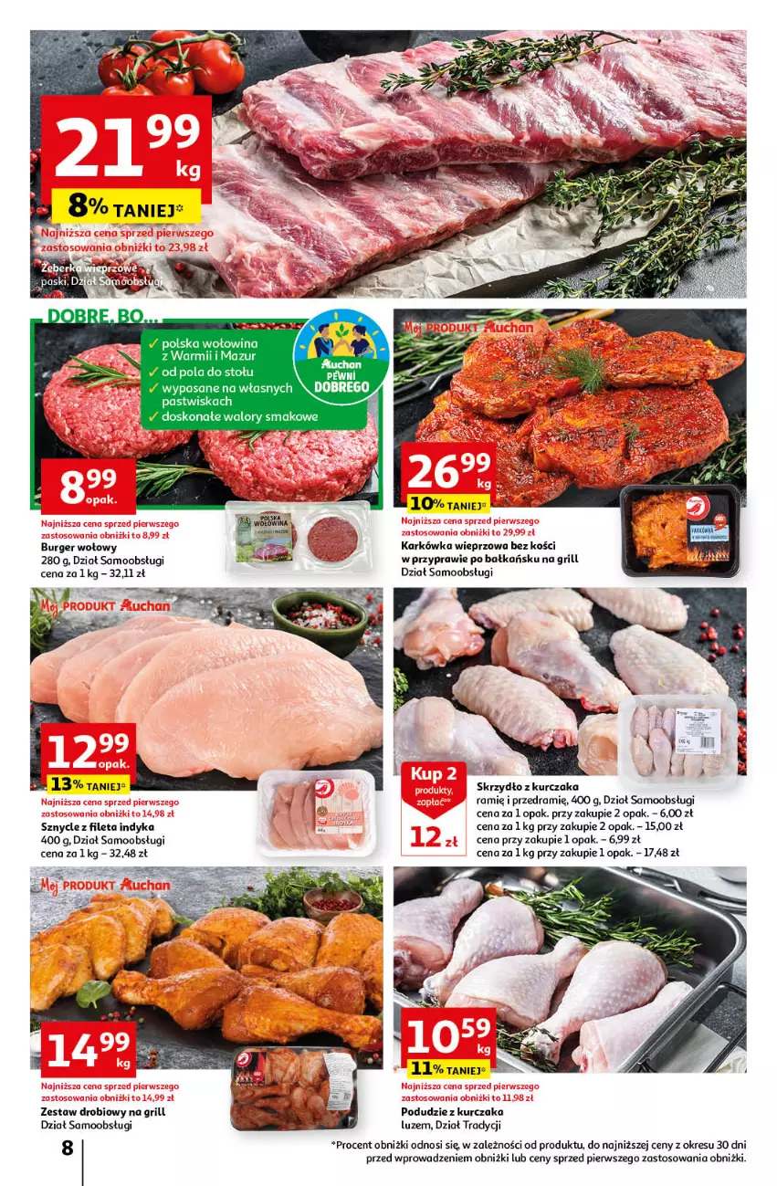 Gazetka promocyjna Auchan - Gazetka Korzyści na lato Hipermarket Auchan - ważna 29.06 do 05.07.2023 - strona 8 - produkty: Burger, Grill, Karkówka wieprzowa, Kurczak, Podudzie z kurczaka