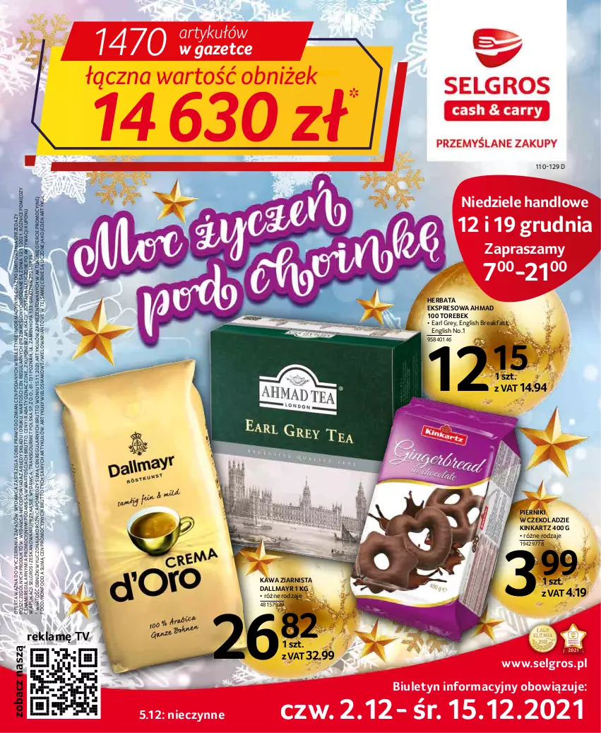 Gazetka promocyjna Selgros - Oferta spożywcza - ważna 02.12 do 15.12.2021 - strona 1 - produkty: Dallmayr, Earl Grey, Fa, Herbata, Inka, Kawa, Kawa ziarnista, LG, Piernik, Pierniki w czekoladzie, Tran