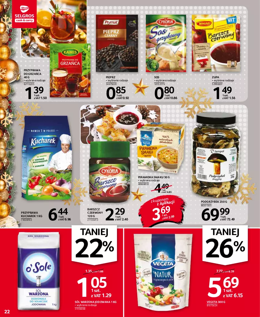 Gazetka promocyjna Selgros - Oferta spożywcza - ważna 02.12 do 15.12.2021 - strona 22 - produkty: Kucharek, Pieprz, Piramidka smaku, Sól, Sos, Vegeta, Zupa