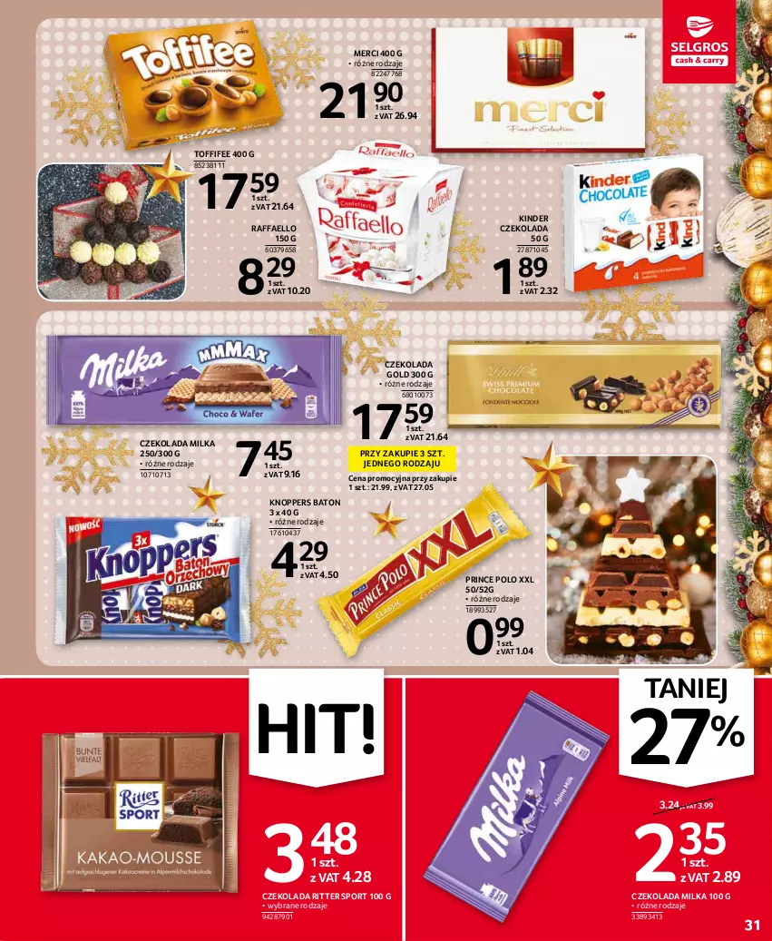 Gazetka promocyjna Selgros - Oferta spożywcza - ważna 02.12 do 15.12.2021 - strona 31 - produkty: Baton, Czekolada, Fa, Kinder, Knoppers, Merci, Milka, Por, Prince Polo, Raffaello, Ritter Sport, Sport, Toffifee