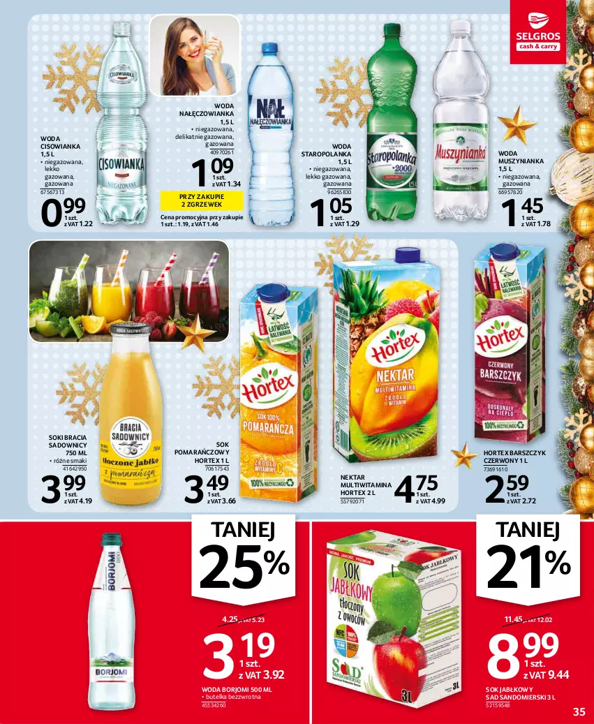 Gazetka promocyjna Selgros - Oferta spożywcza - ważna 02.12 do 15.12.2021 - strona 35 - produkty: Cisowianka, Hortex, Mus, Muszynianka, Nałęczowianka, Nektar, Sok, Sok jabłkowy, Sok pomarańczowy, Staropolanka, Woda