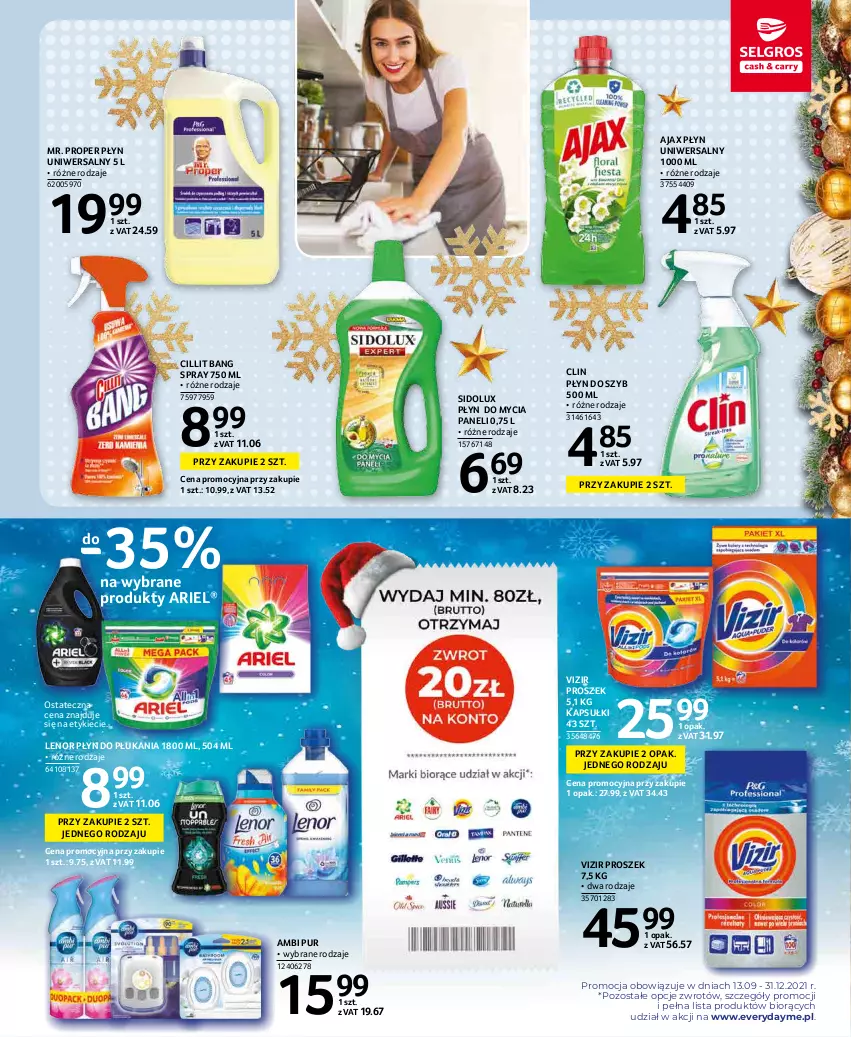 Gazetka promocyjna Selgros - Oferta spożywcza - ważna 02.12 do 15.12.2021 - strona 41 - produkty: Ajax, Ambi Pur, Ariel, Cillit Bang, Clin, Lenor, Mr. Proper, Płyn do mycia, Płyn do mycia paneli, Płyn do płukania, Płyn do szyb, Pur, Sidolux, Vizir