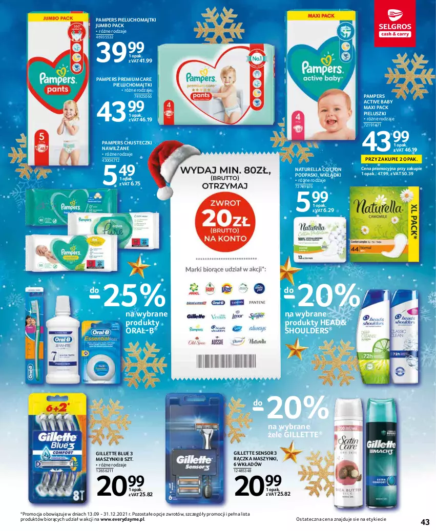 Gazetka promocyjna Selgros - Oferta spożywcza - ważna 02.12 do 15.12.2021 - strona 43 - produkty: Chusteczki, Gillette, Majtki, Naturell, Naturella, Pampers, Pieluchomajtki, Podpaski, Wkładki