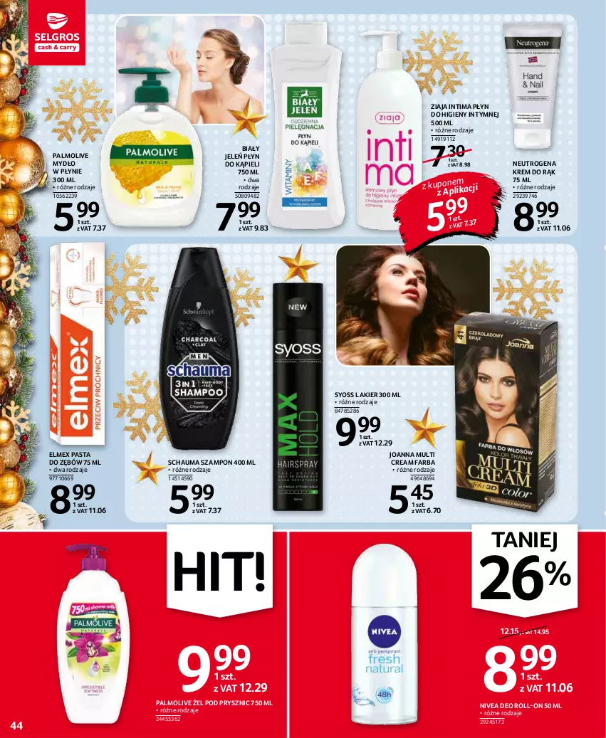 Gazetka promocyjna Selgros - Oferta spożywcza - ważna 02.12 do 15.12.2021 - strona 44 - produkty: Biały Jeleń, Elmex, Fa, Joanna, Krem do rąk, Lakier, Mydło, Mydło w płynie, Neutrogena, Nivea, Palmolive, Pasta do zębów, Płyn do higieny intymnej, Płyn do kąpieli, Schauma, Syoss, Szampon, Ziaja