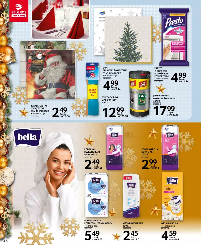 Gazetka promocyjna Selgros - Oferta spożywcza - ważna 02.12 do 15.12.2021 - strona 46 - produkty: Bell, Bella, Chusteczki, Jan Niezbędny, Perfecta, Podpaski, Presto, Ser, Serwetki, Vileda, Wkładki, Worki na śmiec, Worki na śmieci