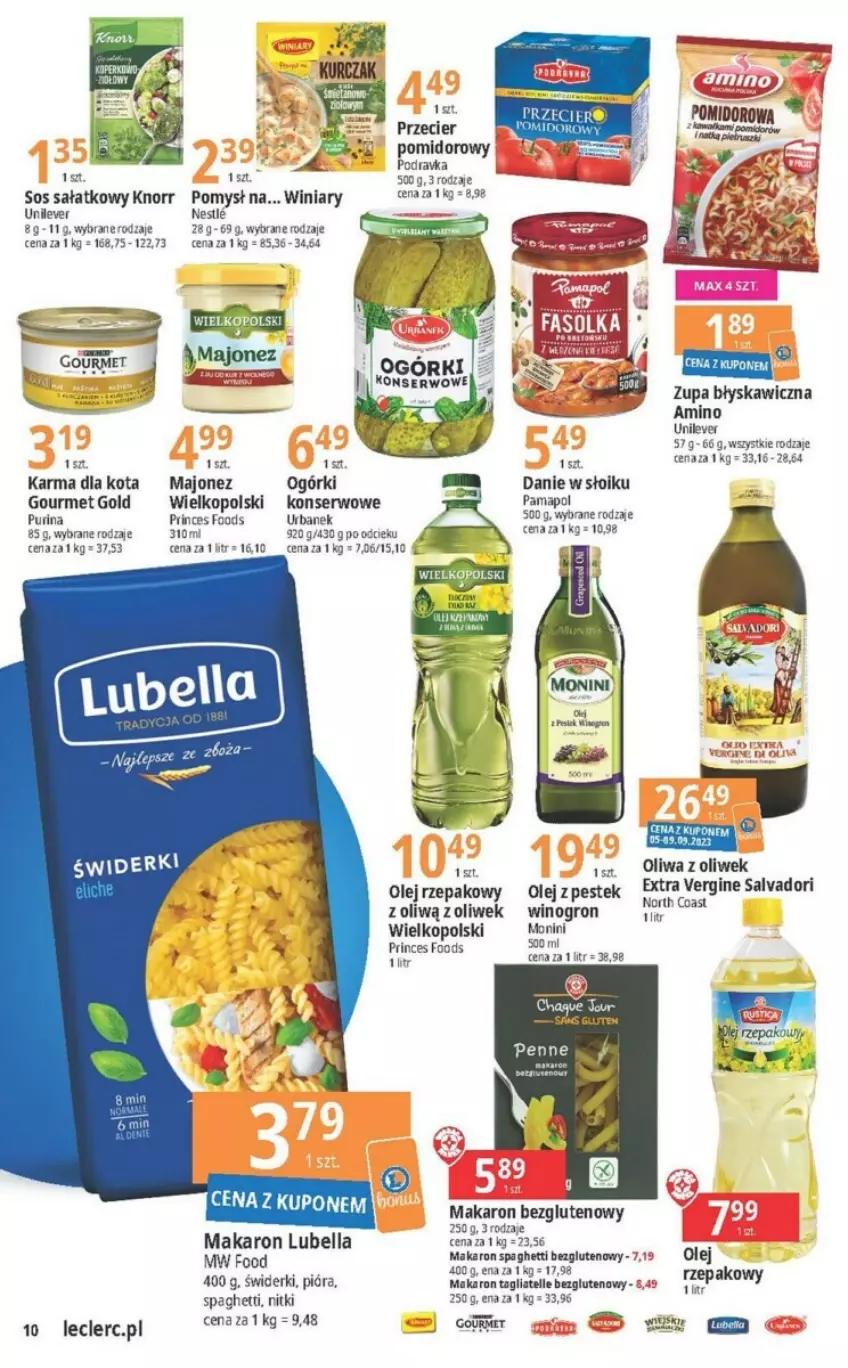 Gazetka promocyjna E Leclerc - ważna 05.09 do 16.09.2023 - strona 2 - produkty: Bell, Bella, Gin, Gourmet Gold, Knorr, Lubella, Majonez, Makaron, Monini, Olej, Sałat, Ser, Spaghetti, Stek, Tera, Winiary, Wino, Zupa