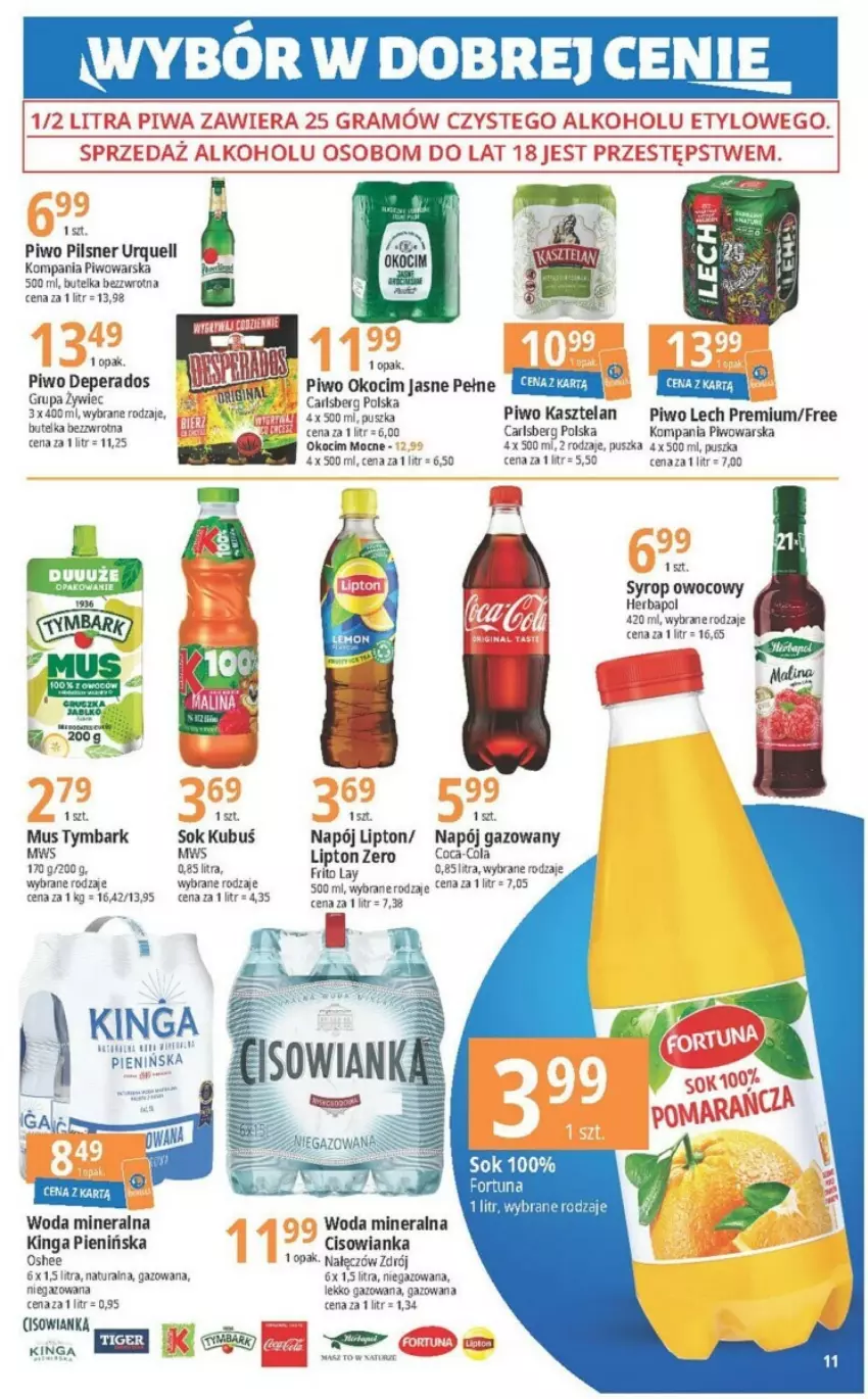 Gazetka promocyjna E Leclerc - ważna 05.09 do 16.09.2023 - strona 3 - produkty: Carlsberg, Cisowianka, Coca-Cola, Fa, Fortuna, Herbapol, Kasztelan, Koc, Kubuś, Lech Premium, Lipton, Mus, Napój, Napój gazowany, Okocim, Oshee, Piec, Pilsner Urquell, Piwo, Sok, Syrop, Tera, Tymbark, Woda, Woda mineralna