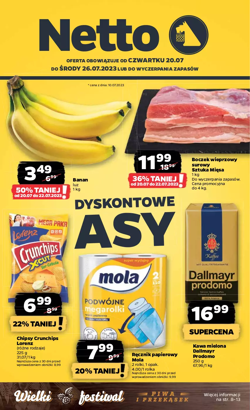 Gazetka promocyjna Netto - Artykuły spożywcze - ważna 20.07 do 26.07.2023 - strona 1 - produkty: Boczek, Boczek wieprzowy, Chipsy, Crunchips, Dallmayr, Kawa, Kawa mielona, Lorenz, Mola, Papier, Piwa, Ręcznik, Rolki