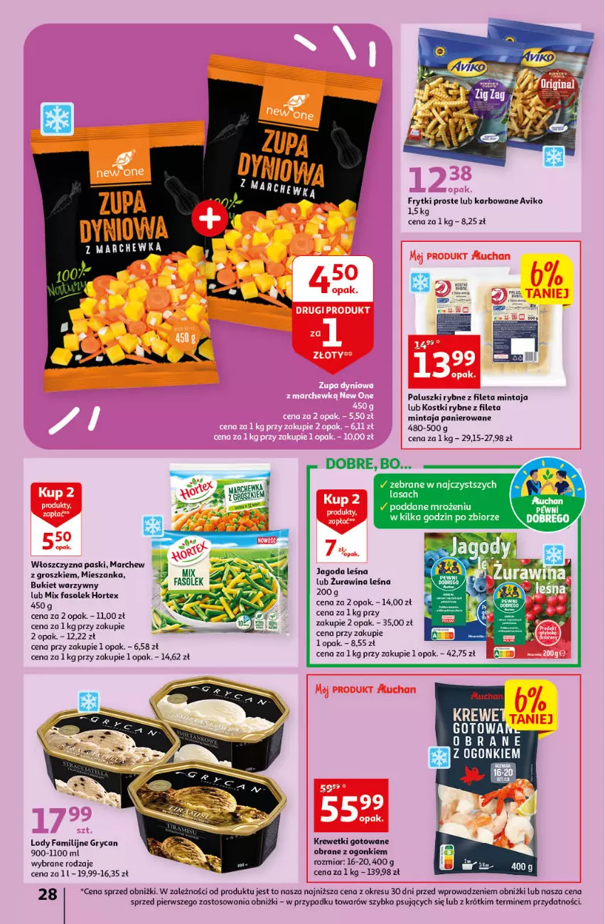 Gazetka promocyjna Auchan - Gazetka Wielkie Porządki w niskich cenach Hipermarket Auchan - ważna 16.02 do 22.02.2023 - strona 28 - produkty: Bukiet, Bukiet warzyw, Fa, Frytki, Gry, Hortex, Krewetki, Lody, Marchewka, Mintaj, O nas, Paluszki rybne