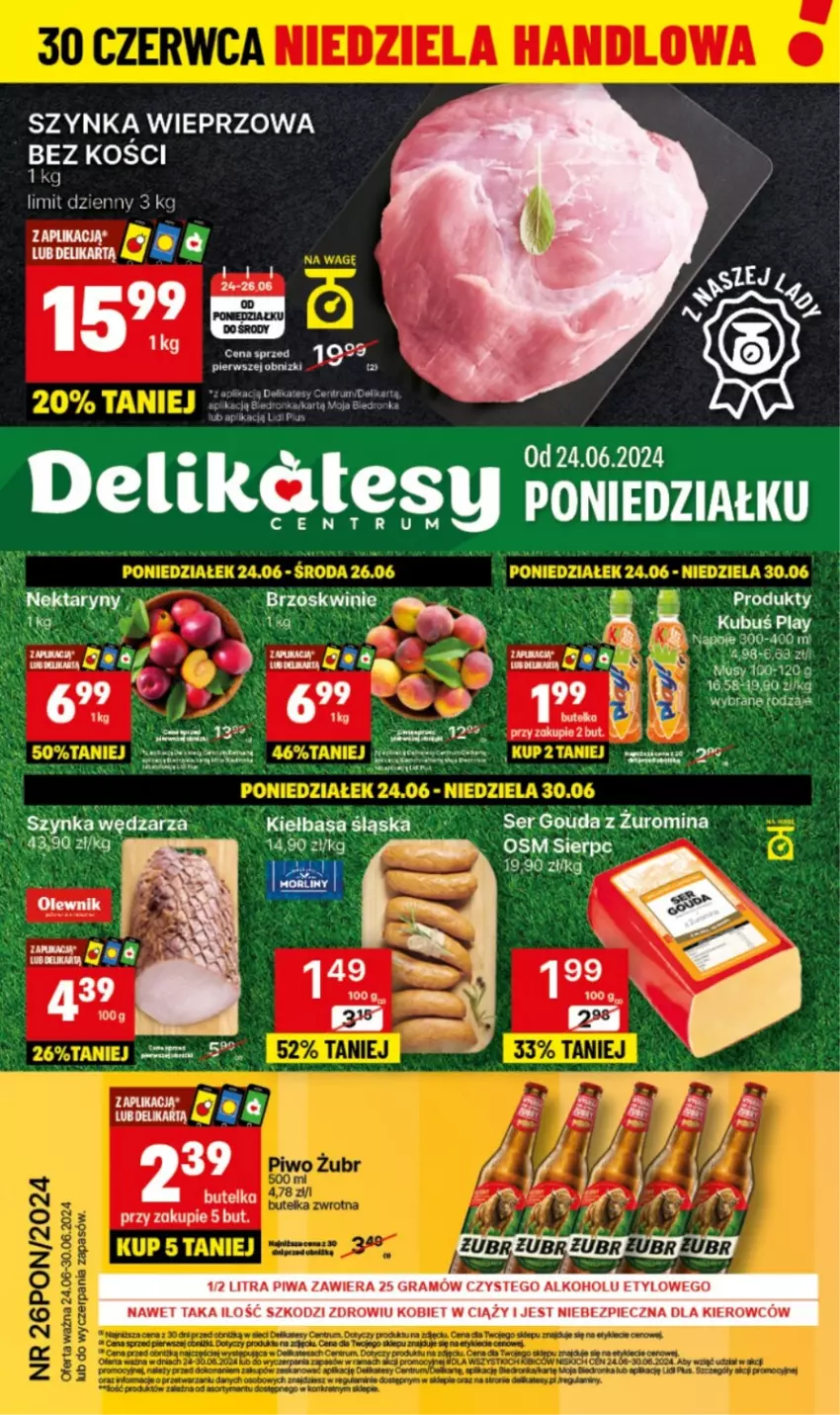 Gazetka promocyjna Delikatesy Centrum - NOWA GAZETKA Delikatesy Centrum od 24 czerwca! 24-30.06.2024 - ważna 24.06 do 30.06.2024 - strona 1 - produkty: Brzoskwinie, Dron, Fa, Gouda, Gra, Kiełbasa, Kiełbasa śląska, Kubuś, Nektar, Piec, Piwa, Rum, Ser, Szynka, Szynka wieprzowa