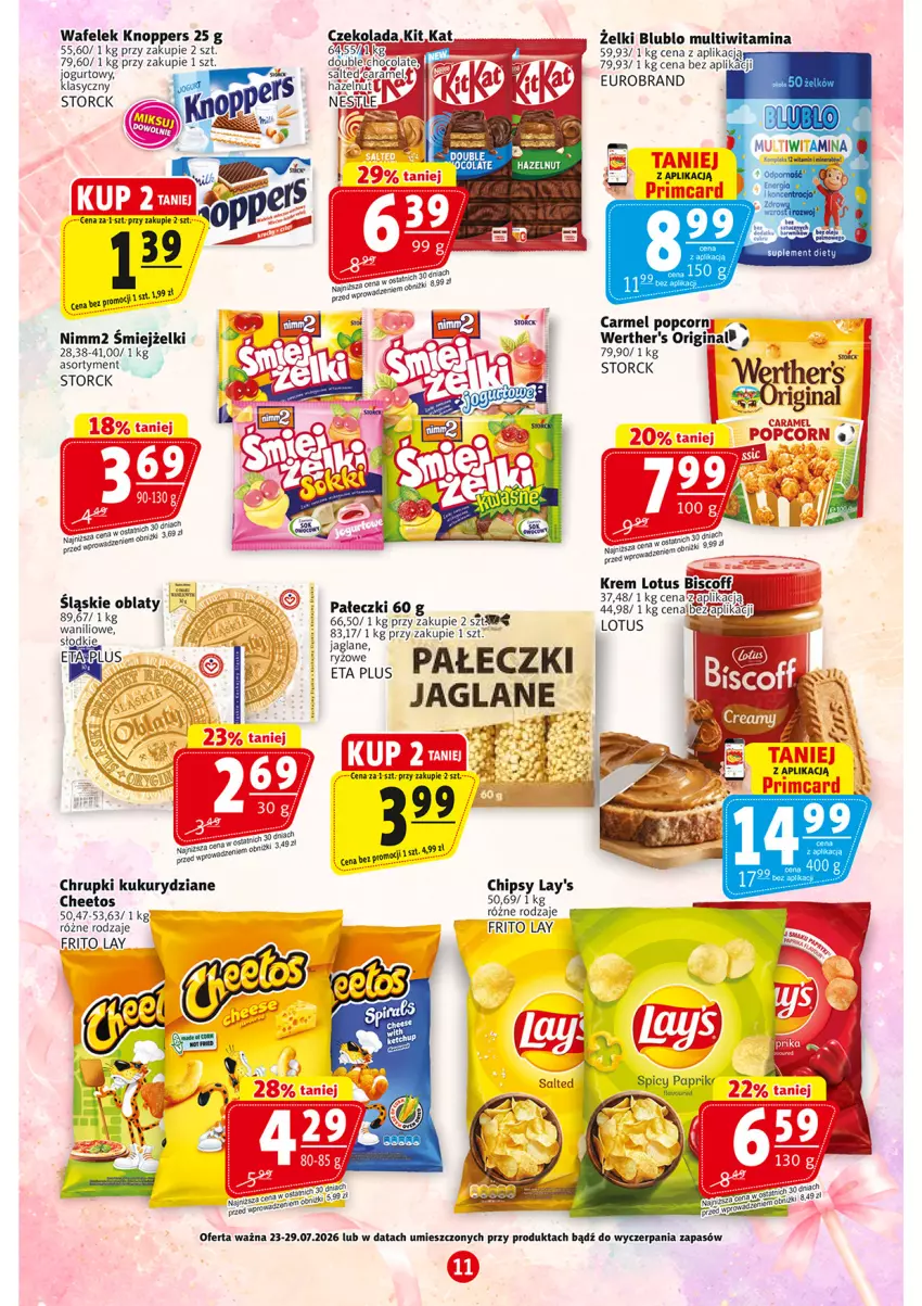 Gazetka promocyjna Prim Market - ważna 23.07 do 29.07.2026 - strona 11 - produkty: Cheetos, Chipsy, Chrupki, Czekolada, Gin, Jogurt, Knoppers, Nimm2, Popcorn, Wafelek