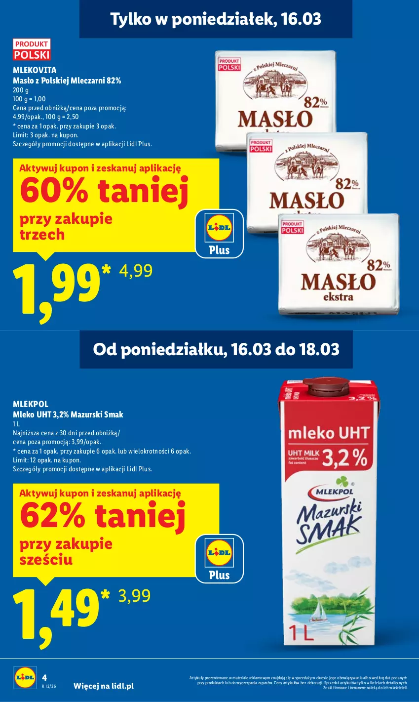 Gazetka promocyjna Lidl - Gazetka ważna od 16.03 do 18.03 - ważna 16.03 do 18.03.2026 - strona 4 - produkty: Masło, Mleko, Mlekovita