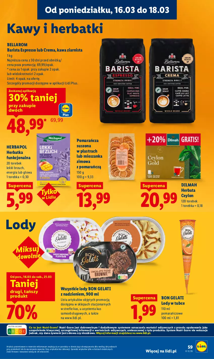 Gazetka promocyjna Lidl - Gazetka ważna od 16.03 do 18.03 - ważna 16.03 do 18.03.2026 - strona 61 - produkty: Bell, Bella, Dilmah, Herbapol, Herbata, Kawa, Kawa ziarnista, Lody, Torebka